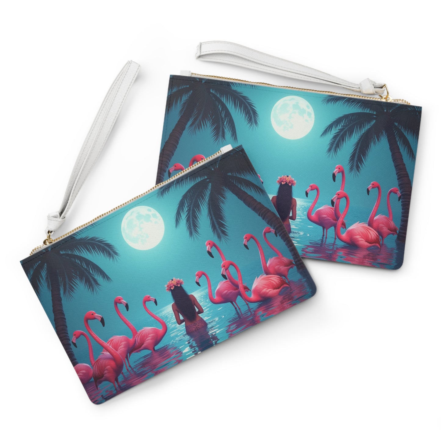 Tropical Faux Leather Clutch Bag - Perfect for Beach Adventures & Summer Vacations / Moonlit Mermaid and Flamingos
