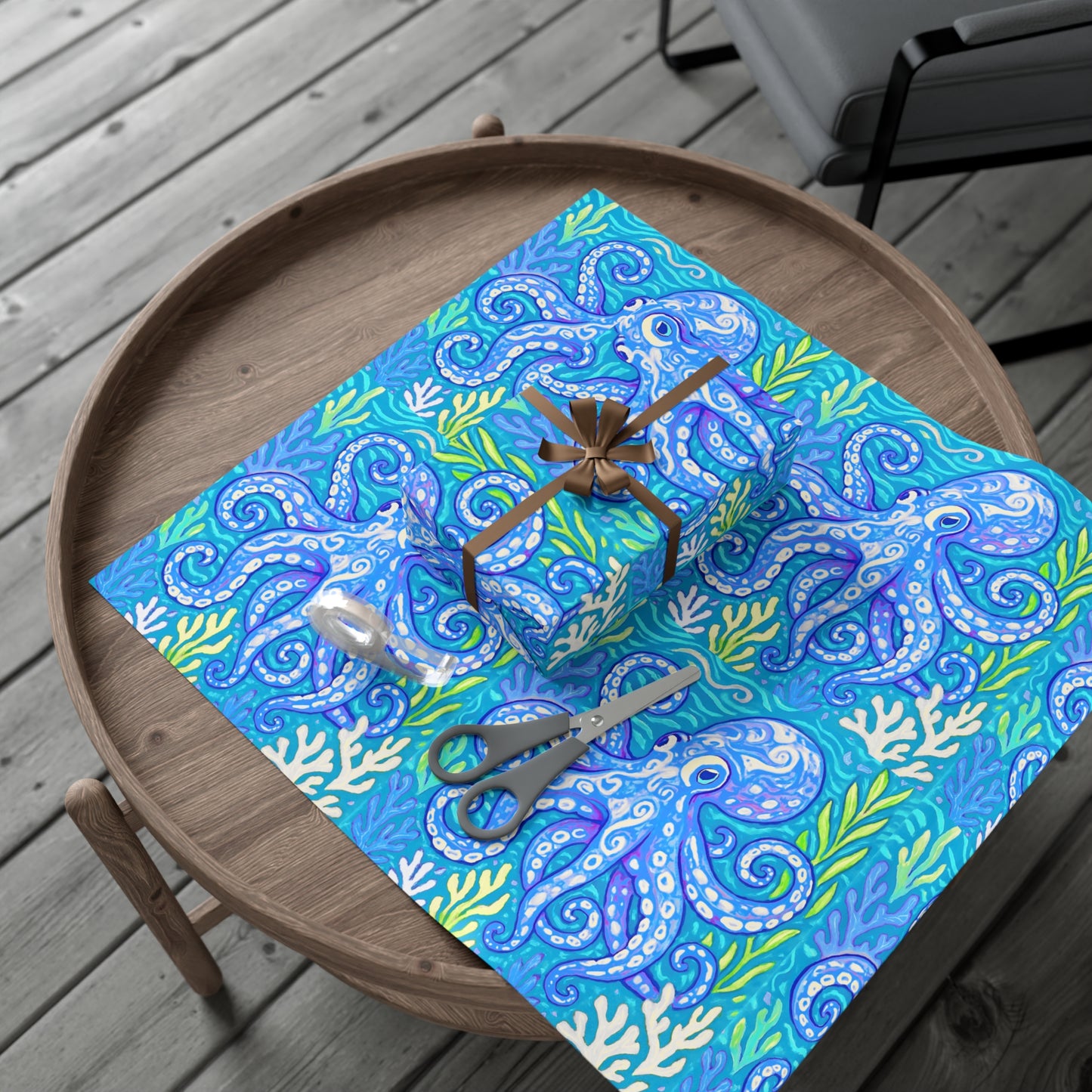 Wrapping Paper - Tropical Gift Wrap for All Occasions / 3 Sizes, 2 Finishes / Octopus Kraken Joe, Blue