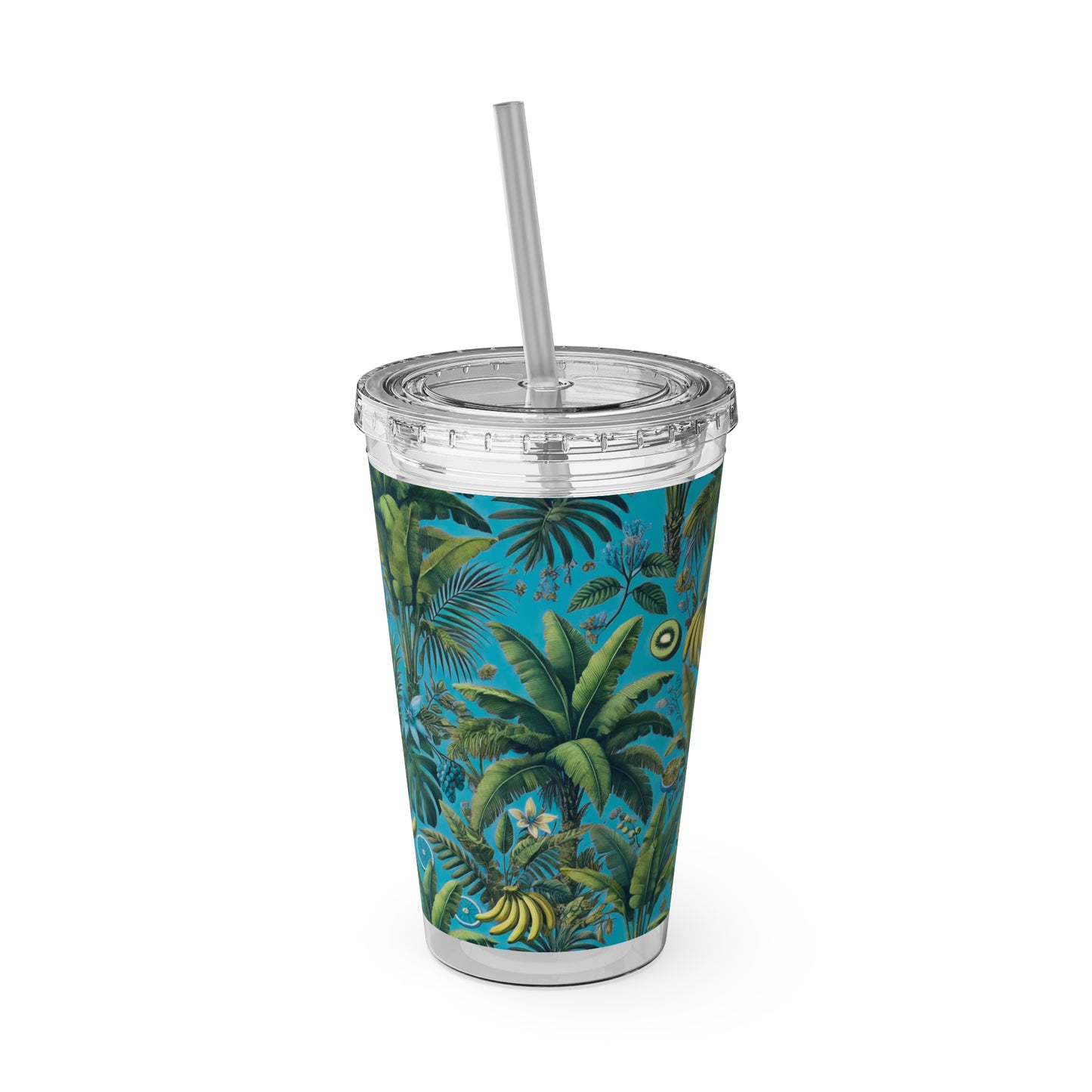 Tropical Tumbler with Straw | 16oz Colorful Travel Cup / More Tropical Fruit, Aqua Blue