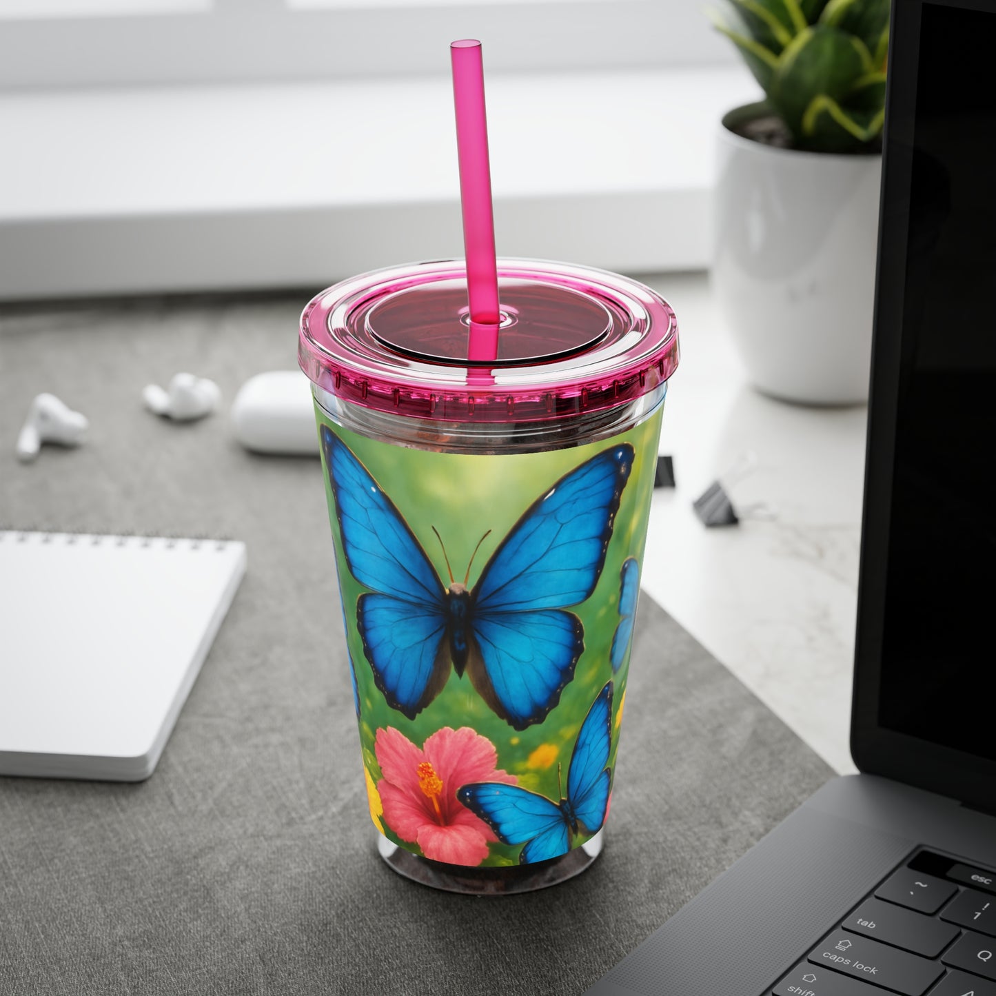 Tropical Tumbler with Straw | 16oz Colorful Travel Cup / Morpho Butterflies Flight