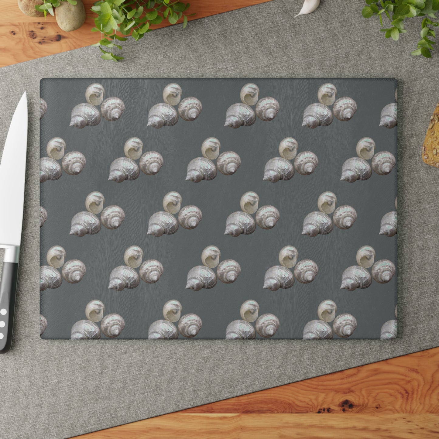 Glass Cutting Board, 2 sizes - White Nautilus Trio, dark grey