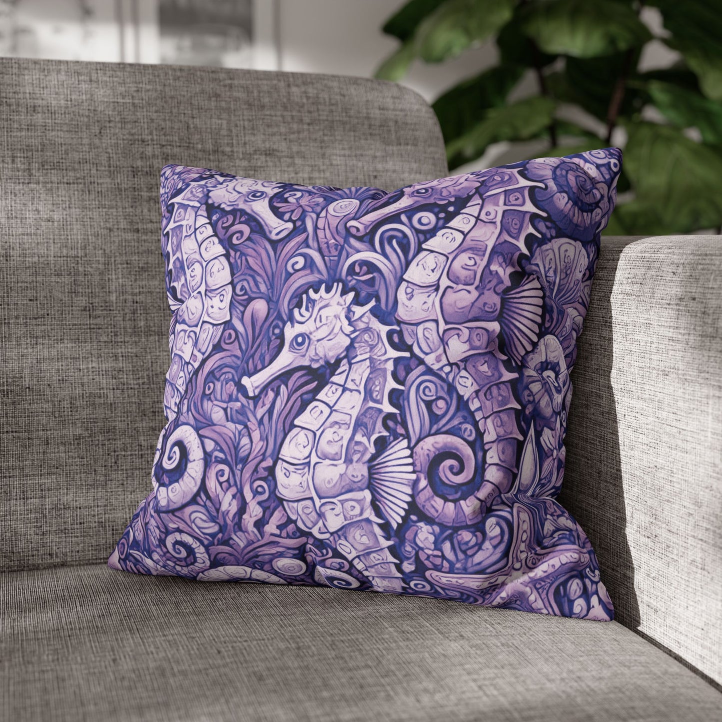 Faux Suede Square Pillowcase - Seahorse Trio, Amethyst