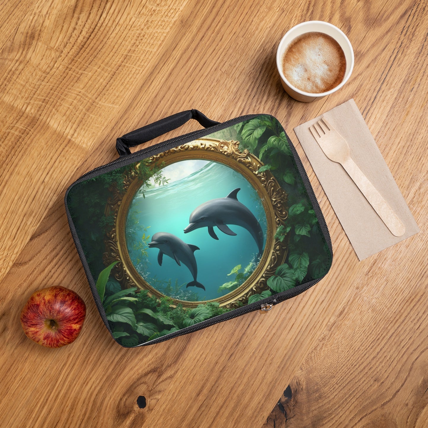 Framed Dolphins Lunch Bag - Eco-Friendly Insulated Tote, Adult and Child Lunchbox / Perfect for Picnics, Beach Outings