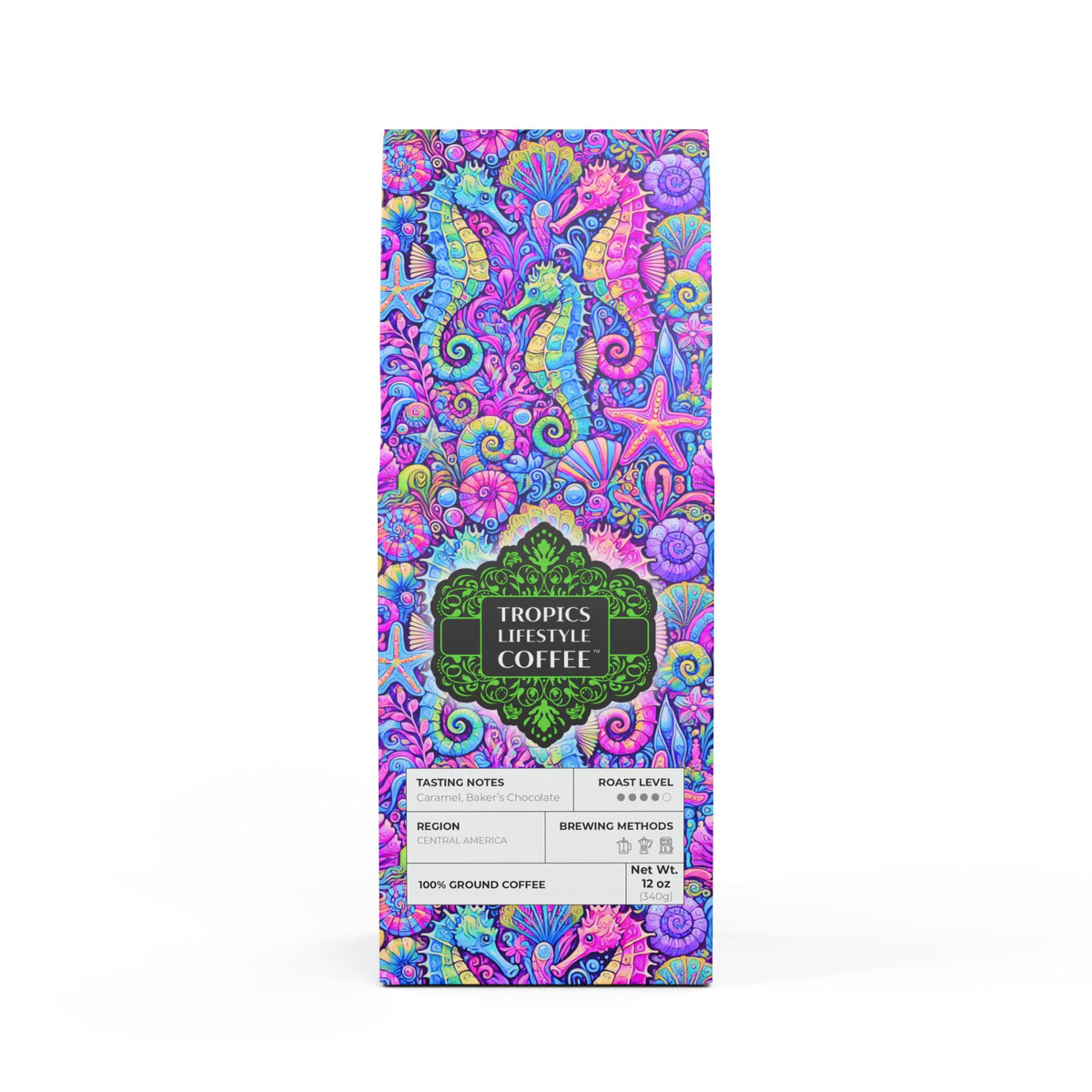 Cocoa Palms Blend™ (Medium-Dark Roast) Specialty Grade Craft Coffee / Seahorse Trio, Fantasy Pop