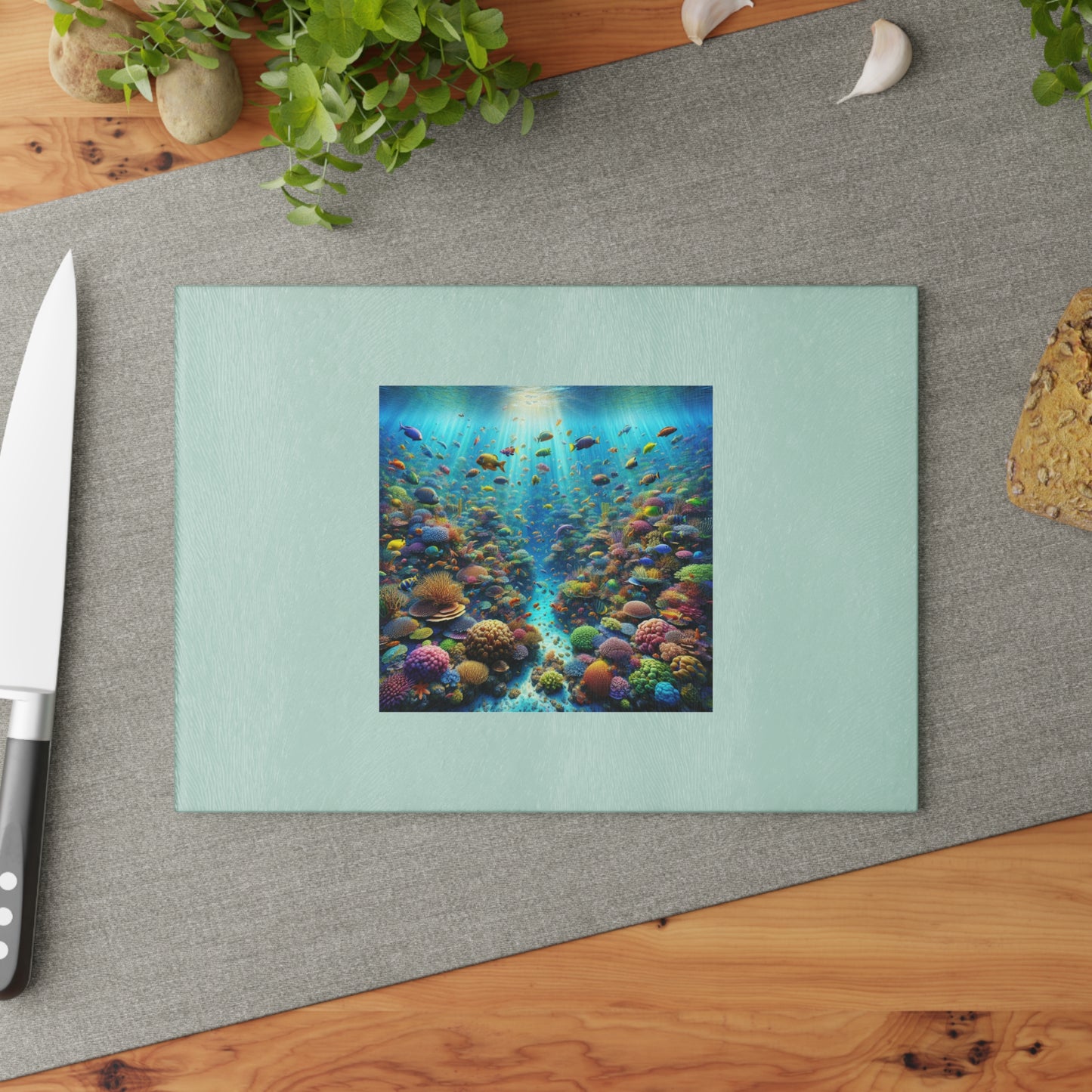 Glass Cutting Board, 2 sizes - Busy Coral Reef/White