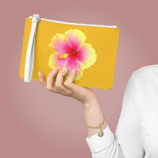 Tropical Faux Leather Clutch Bag - Perfect for Beach Adventures & Summer Vacations / Photo Yellow Hibiscus, Yellow