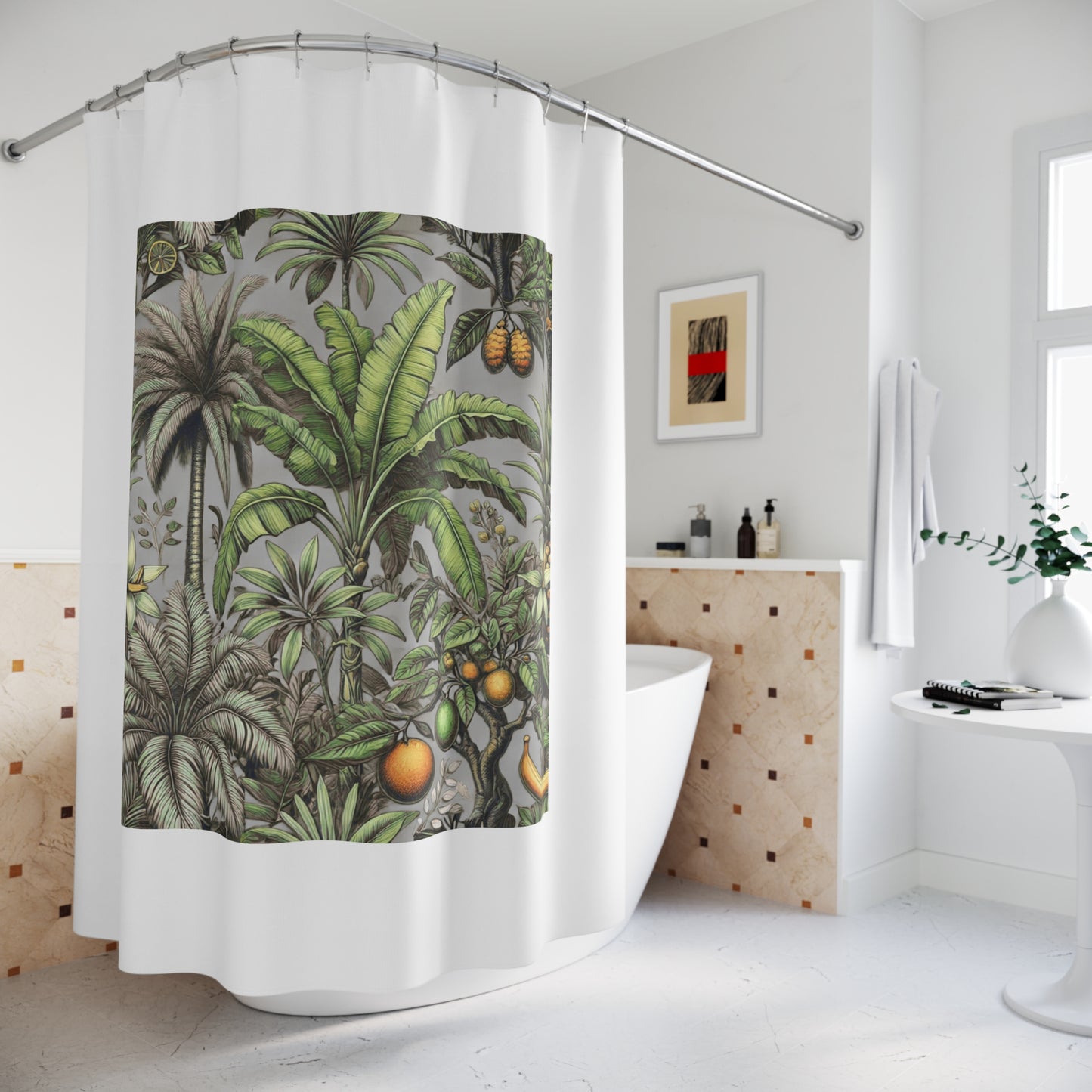 Palm Tree Shower Curtain - Ocean Bathroom Decor / Tropical Fruit/Grey, White