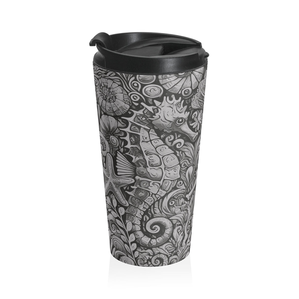 15 oz. Stainless Steel Travel Mug / Seahorse Trio, Noir Black