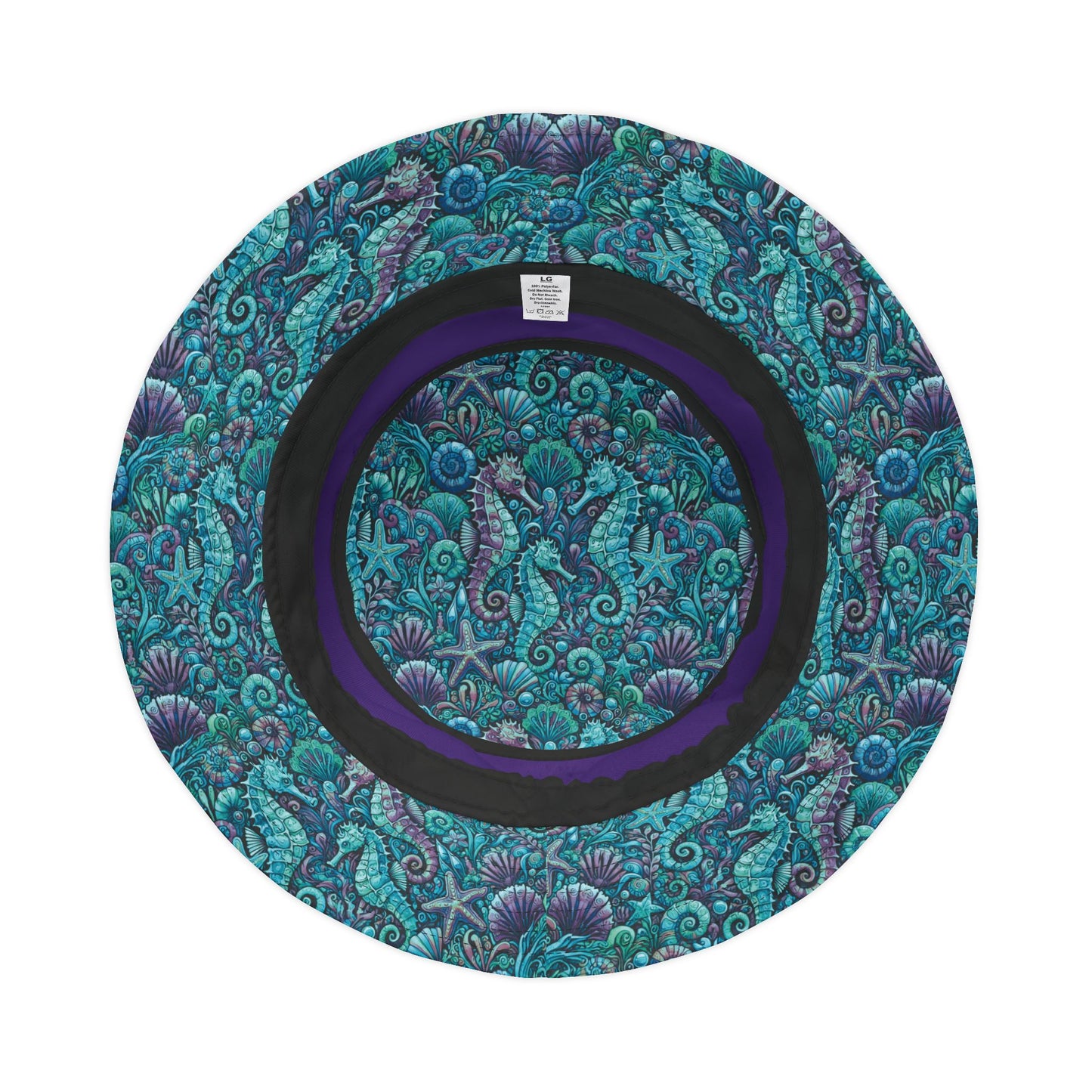 Tropical Polyester Bucket Hat, 2 Sizes - Seahorses Turquoise/Purple