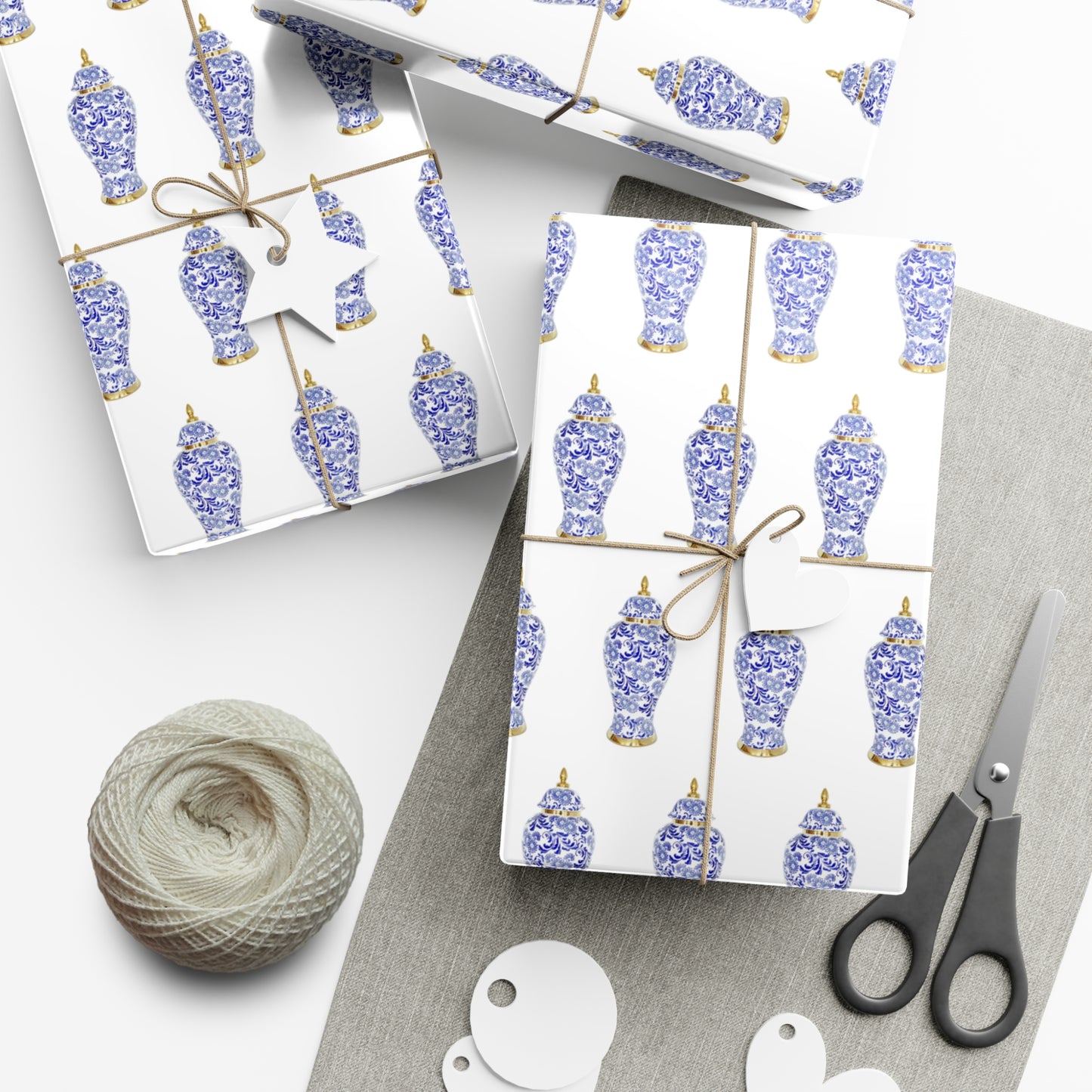 Wrapping Paper - Tropical Gift Wrap for All Occasions / 3 Sizes, 2 Finishes / Blue and White Ginger Jar