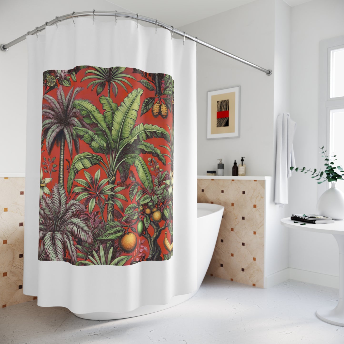 Palm Tree Shower Curtain - Ocean Bathroom Decor / Tropical Fruit/Red, White