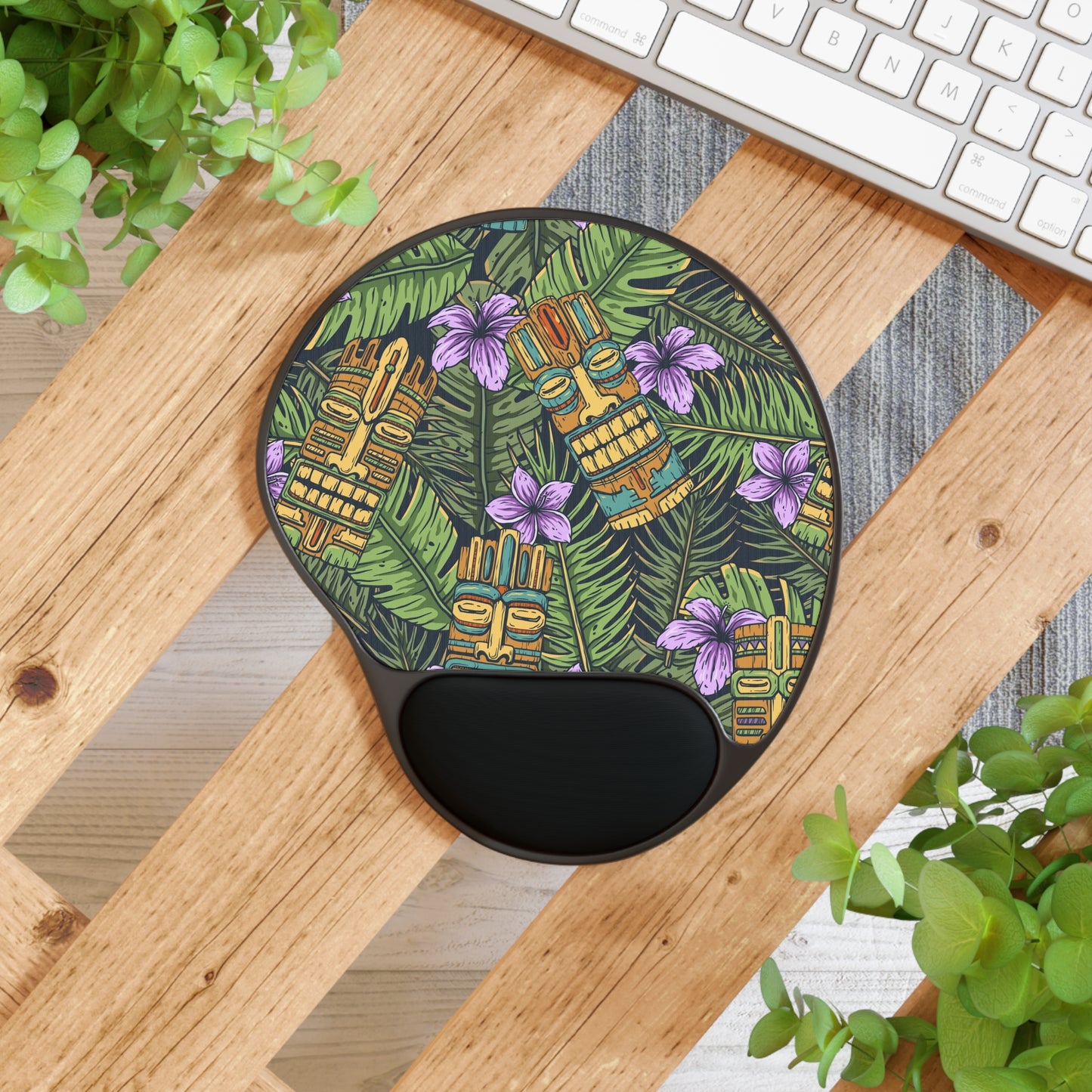 Mouse Pad With Wrist Rest, Tiki Purple Greenery