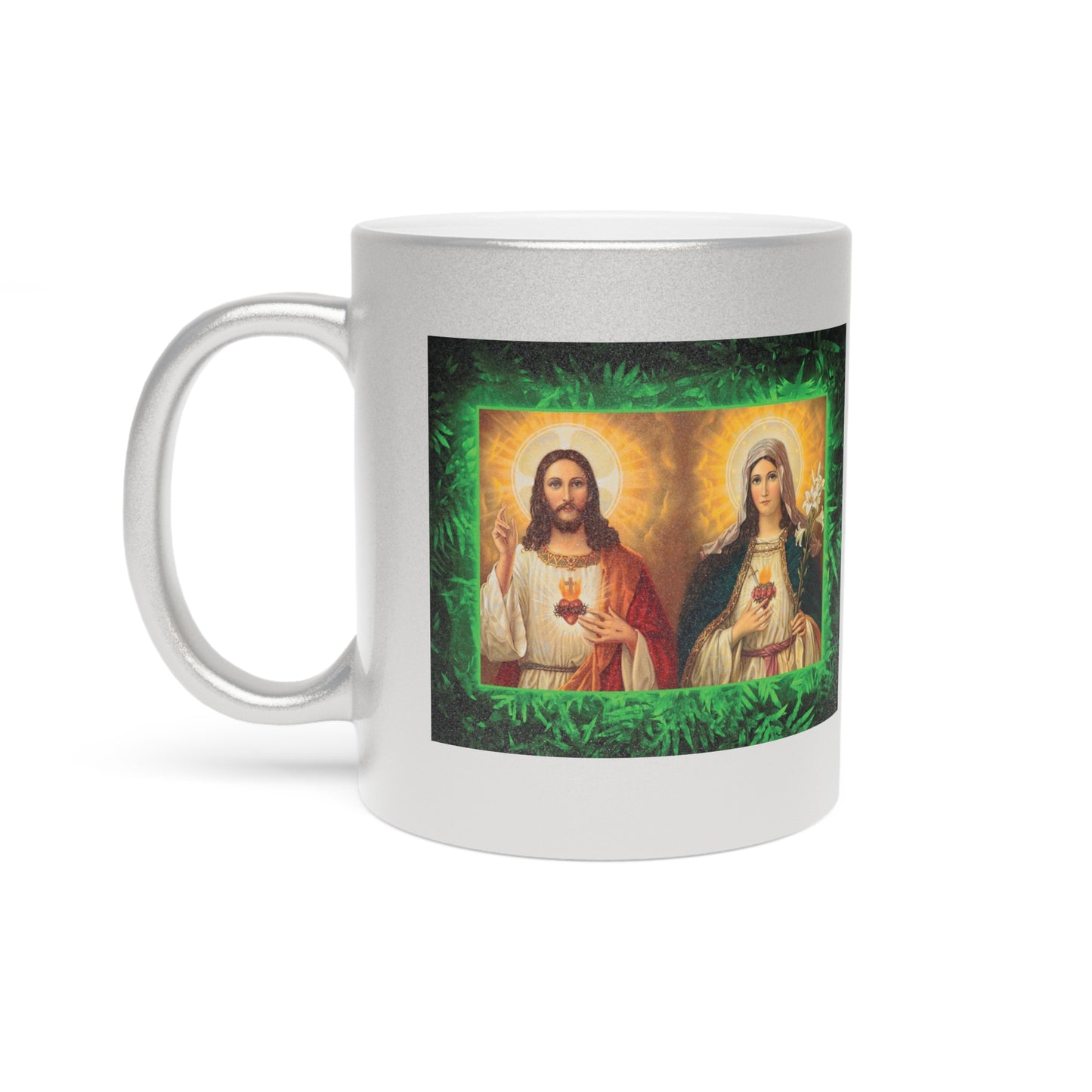 Religious Metallic Mug, Gold or Silver - "Tropical Glow Jesus and Mary"