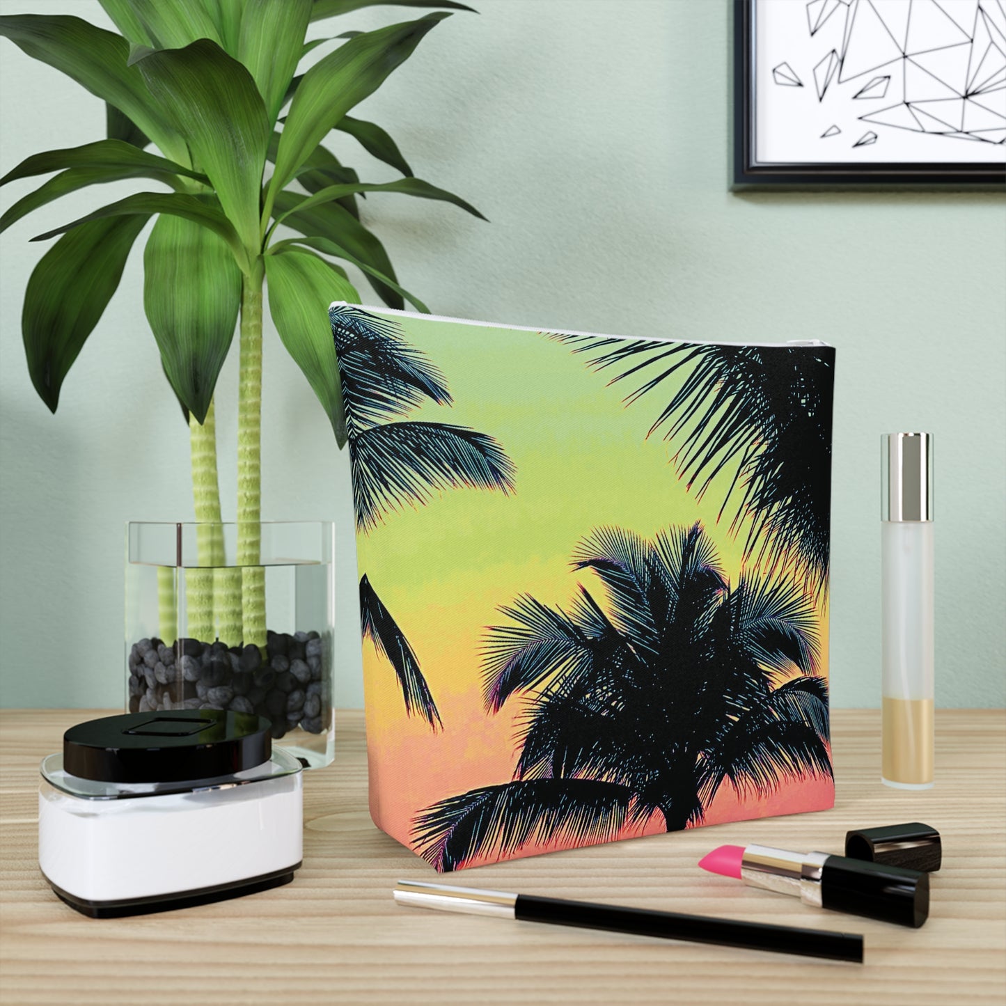 Tropical Cotton Cosmetic Bag, Makeup Pouch, 5 Sizes / Palm Glow, Sangria