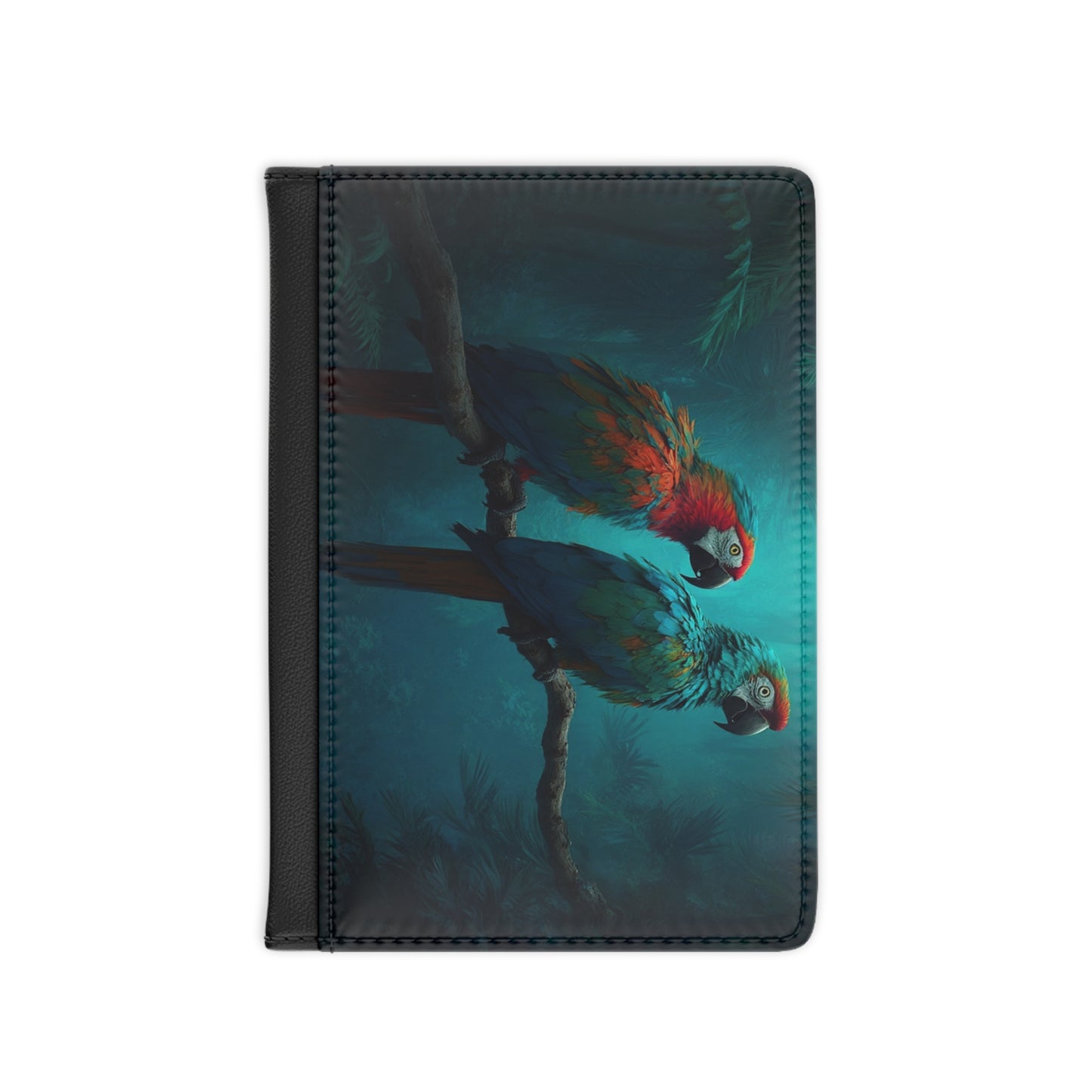 Tropical Passport Cover, Faux Leather - RFID blocking for travel security / Two Parrots in Rainforest