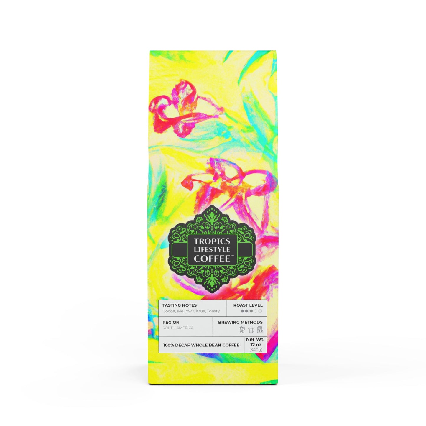 Rainforest Mist™ Single Origin DECAF (Medium Roast) Specialty Grade Coffee / Tropical Doodles, Yellow