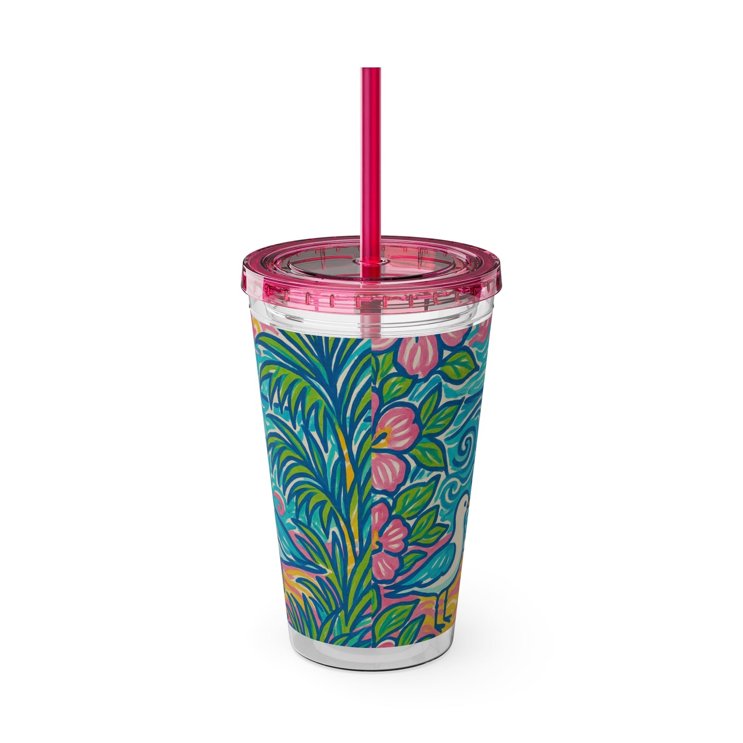 Tropical Tumbler with Straw | 16oz Colorful Travel Cup / Tropical Beach Seagulls