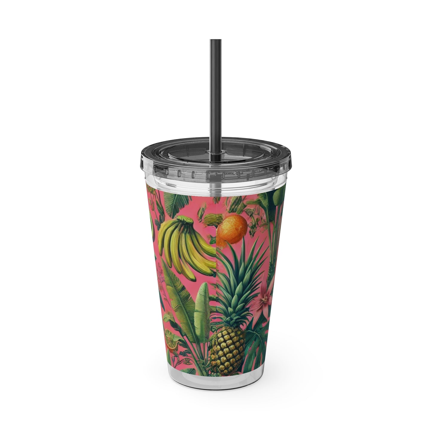 Tropical Tumbler with Straw | 16oz Colorful Travel Cup / More Tropical Fruit, Coral
