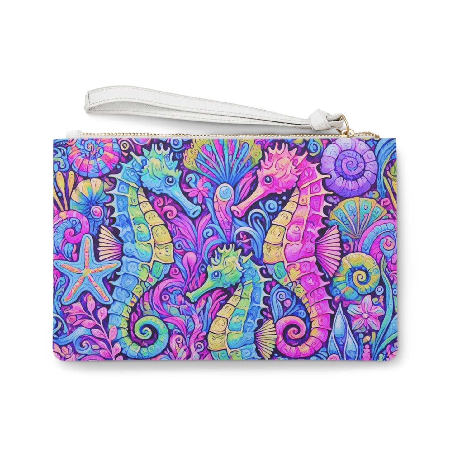 Tropical Faux Leather Clutch Bag - Perfect for Beach Adventures & Summer Vacations / Seahorse Trio, Fantasy Pop