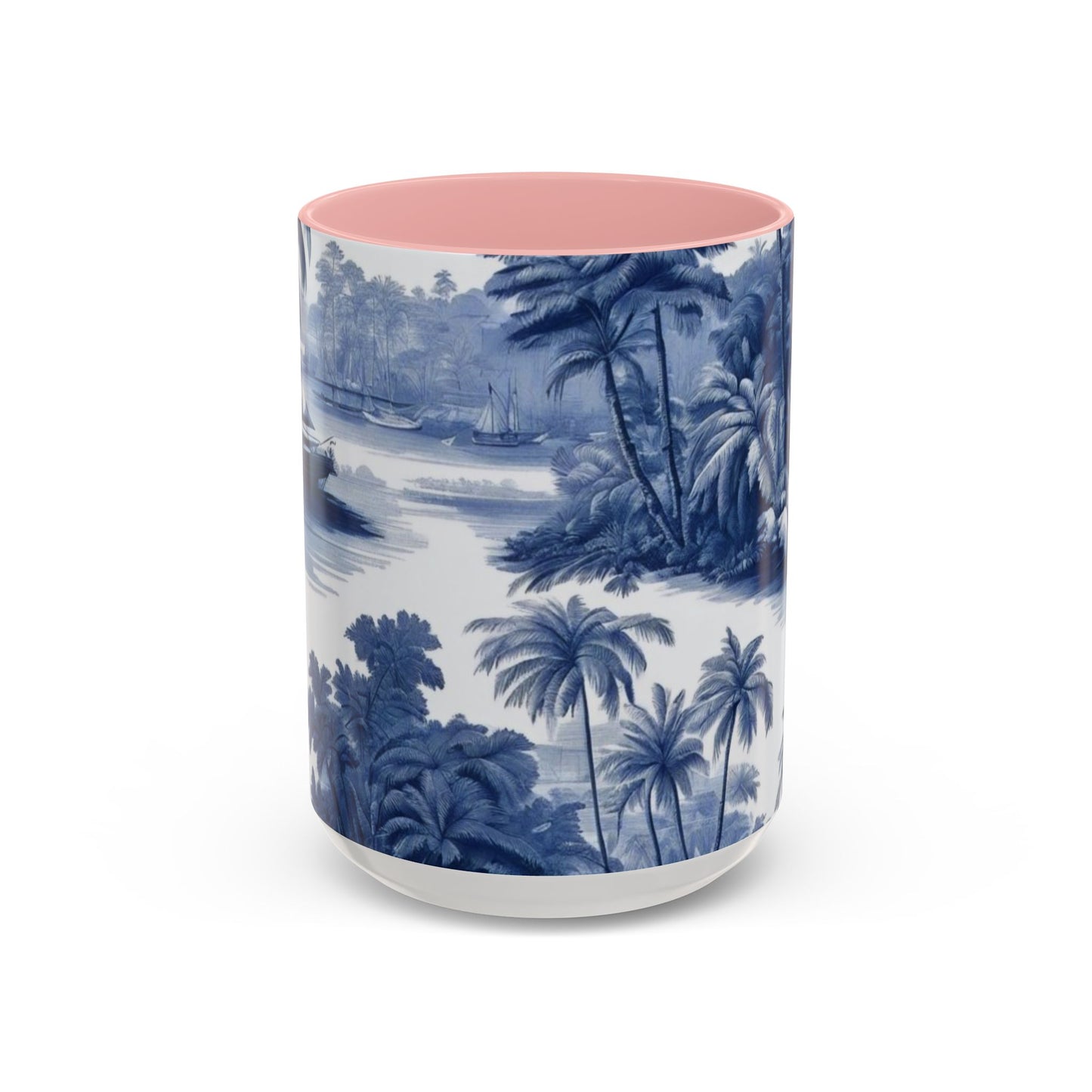 Accent Coffee Mug (11, 15oz), 8 Colors - Tropical Toile Blue/White