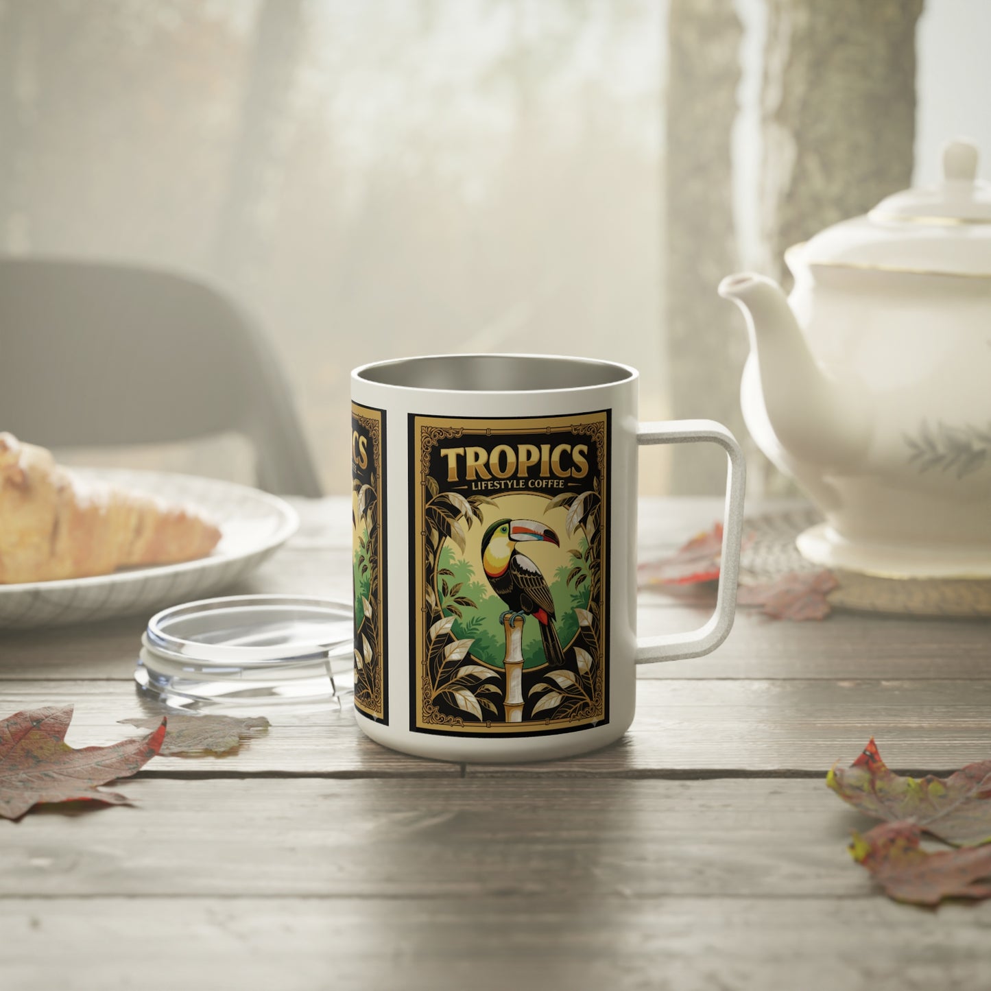 Tropical Insulated Coffee Mug, 10oz / Toucan Poster Gold Logo