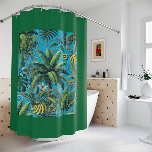 Palm Tree Shower Curtain - Ocean Bathroom Decor / Tropical Fruit/Turquoise, Dark Green
