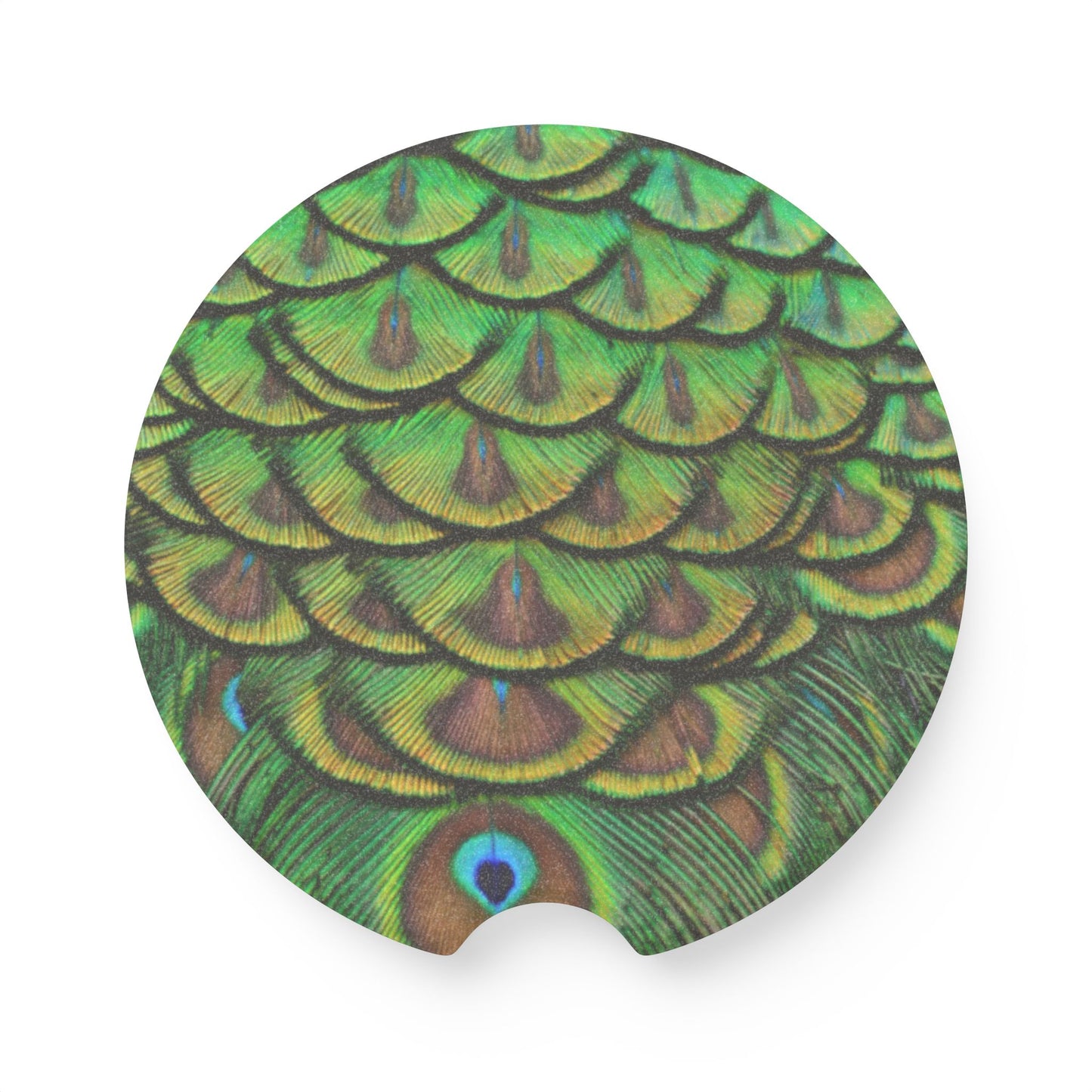 Soapstone Car Coaster - Brilliant Green Peacock Feathers