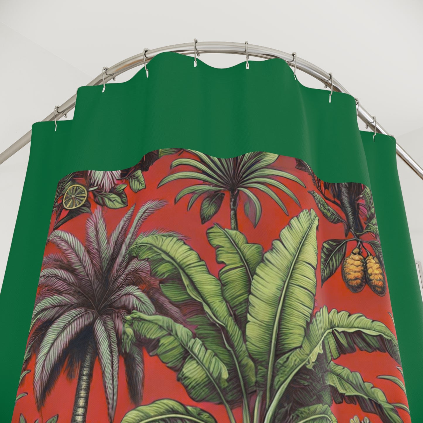 Palm Tree Shower Curtain - Ocean Bathroom Decor / Tropical Fruit/Red, Dark Green
