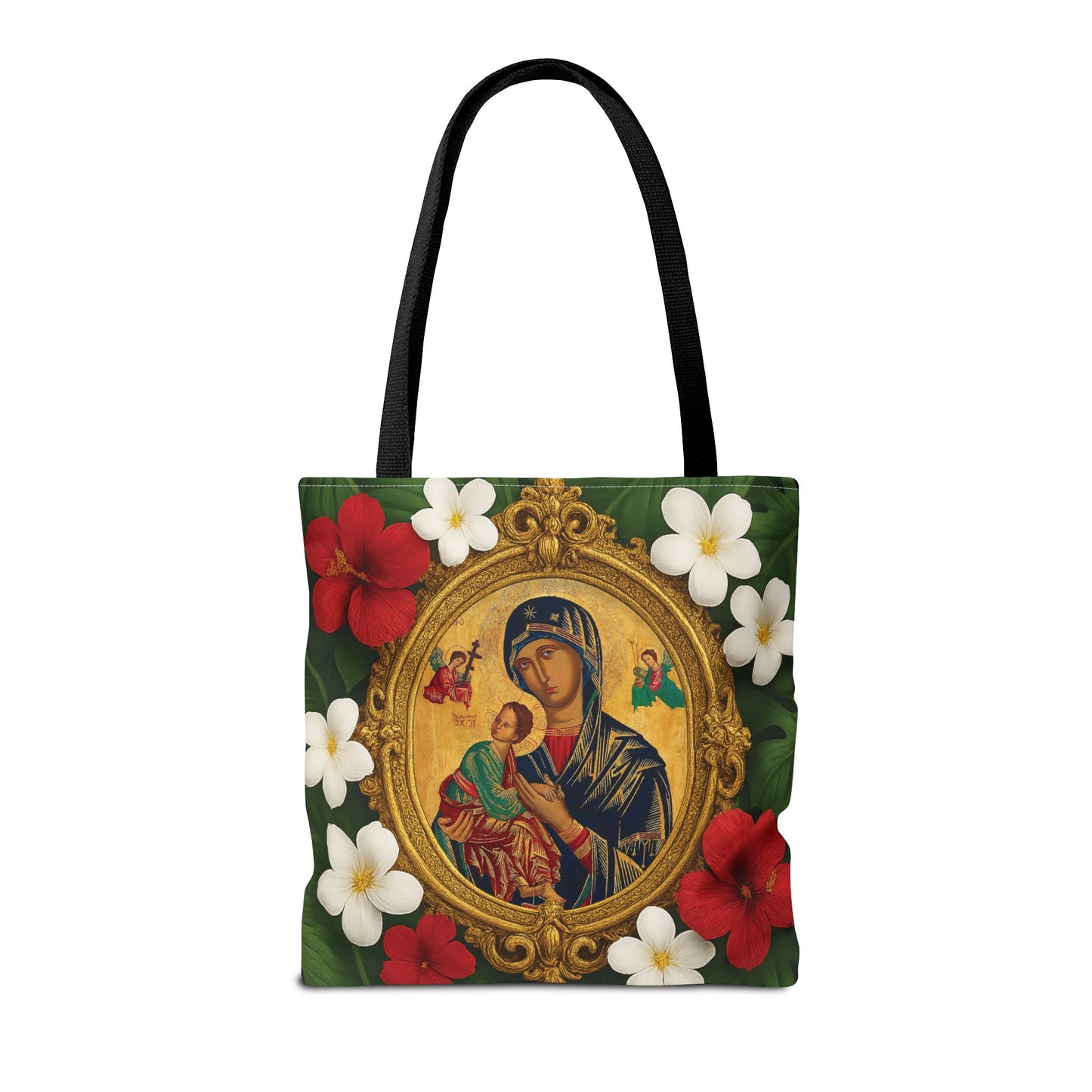 Religious Art Polyester Tote Bag, 3 Sizes / Our Lady of Perpetual Help, Red Flowers