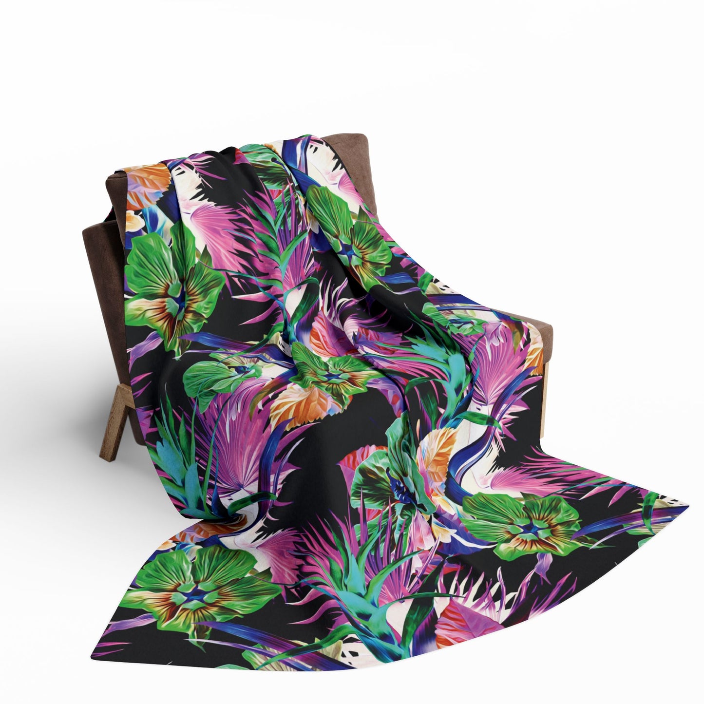 Black Plant Palooza Fleece Blanket - Colorful Tropical Botanical Design