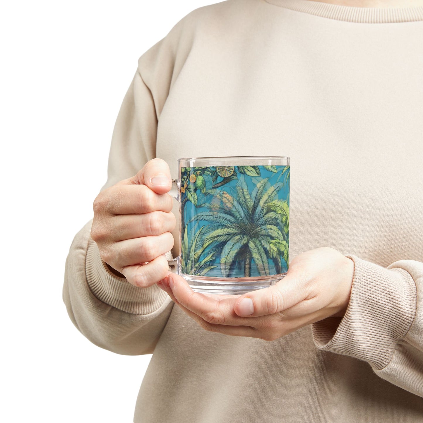 Tropical Glass Mug - 10oz Coffee Cup / Tropical Fruit Blue