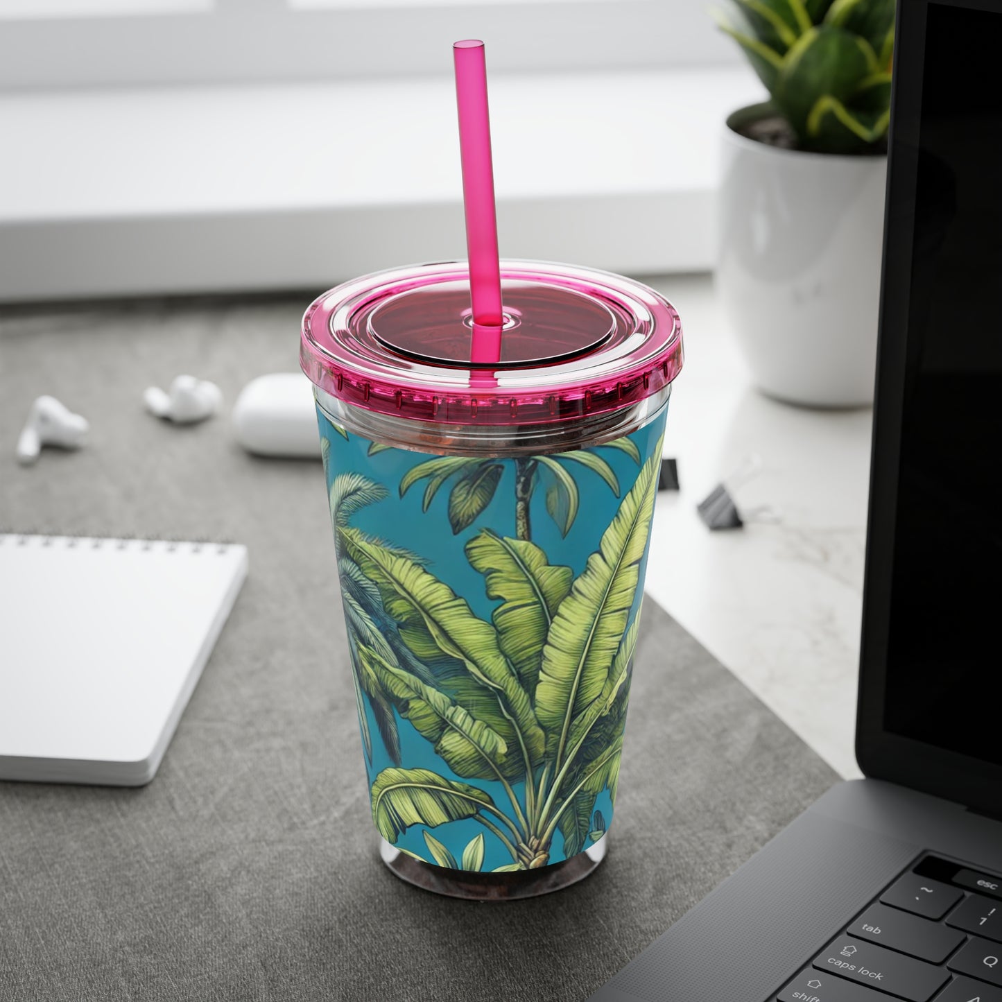Tropical Tumbler with Straw | 16oz Colorful Travel Cup / Tropical Fruit Blue