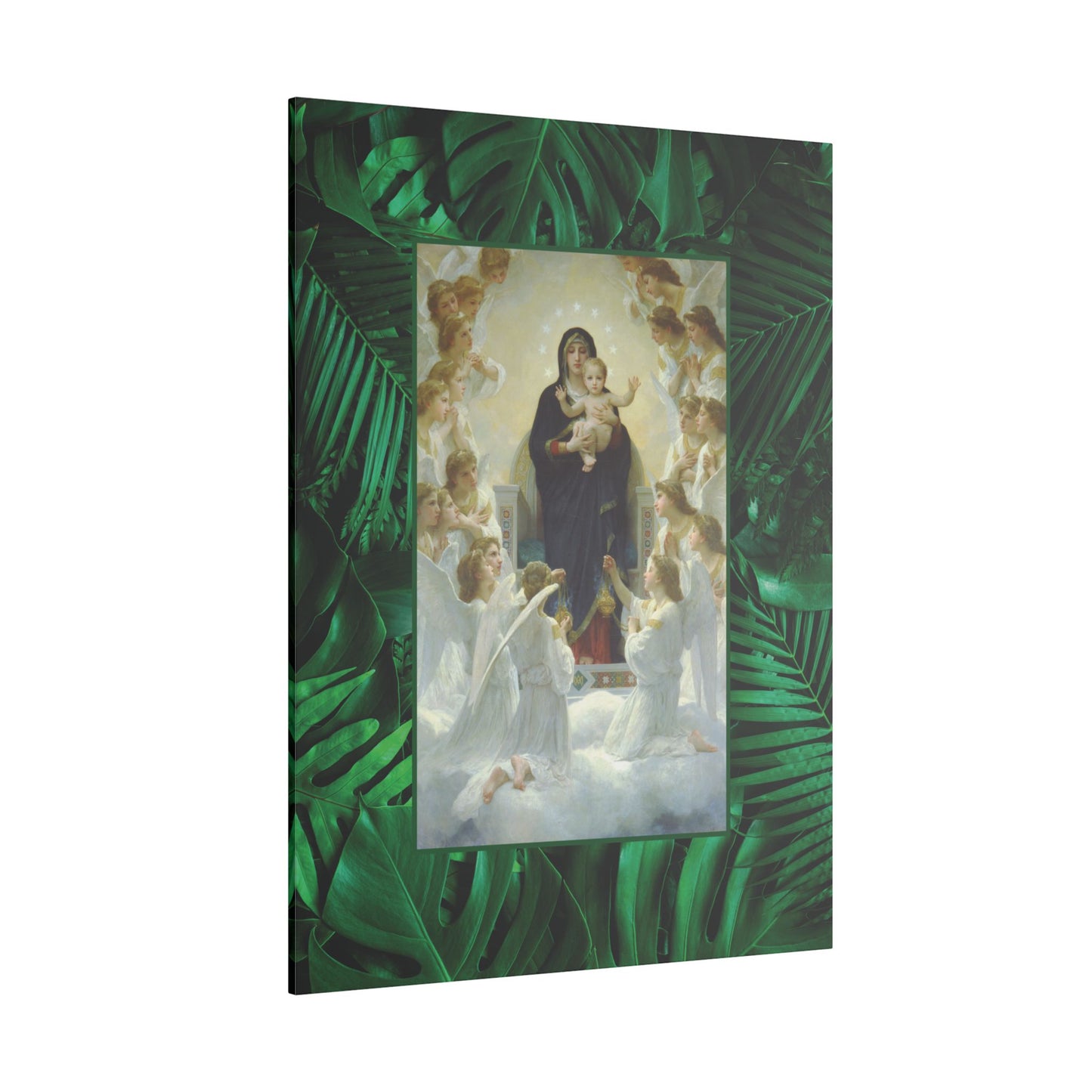 "Tropical Rainforest Our Lady With Angels" Religious Canvas Artwork - Stretched Canvas Print / Virgin Mary & Jesus