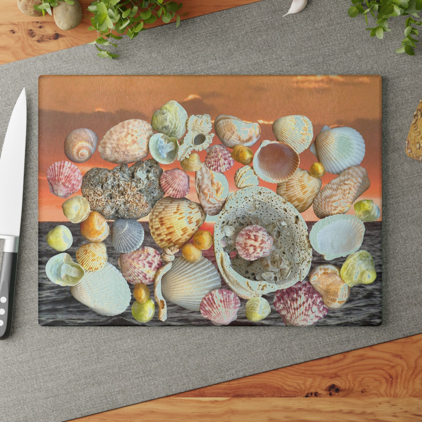 Glass Cutting Board, 2 sizes - Sky/Ocean Seashell Collection