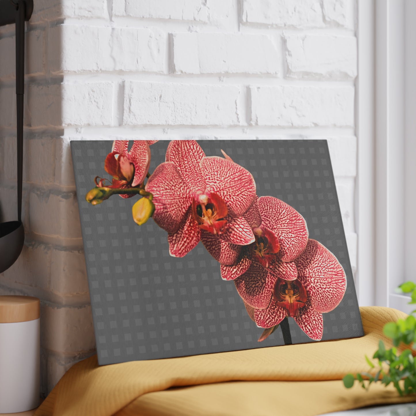 Glass Cutting Board, 2 sizes - Red Orchid, Grey Wicker