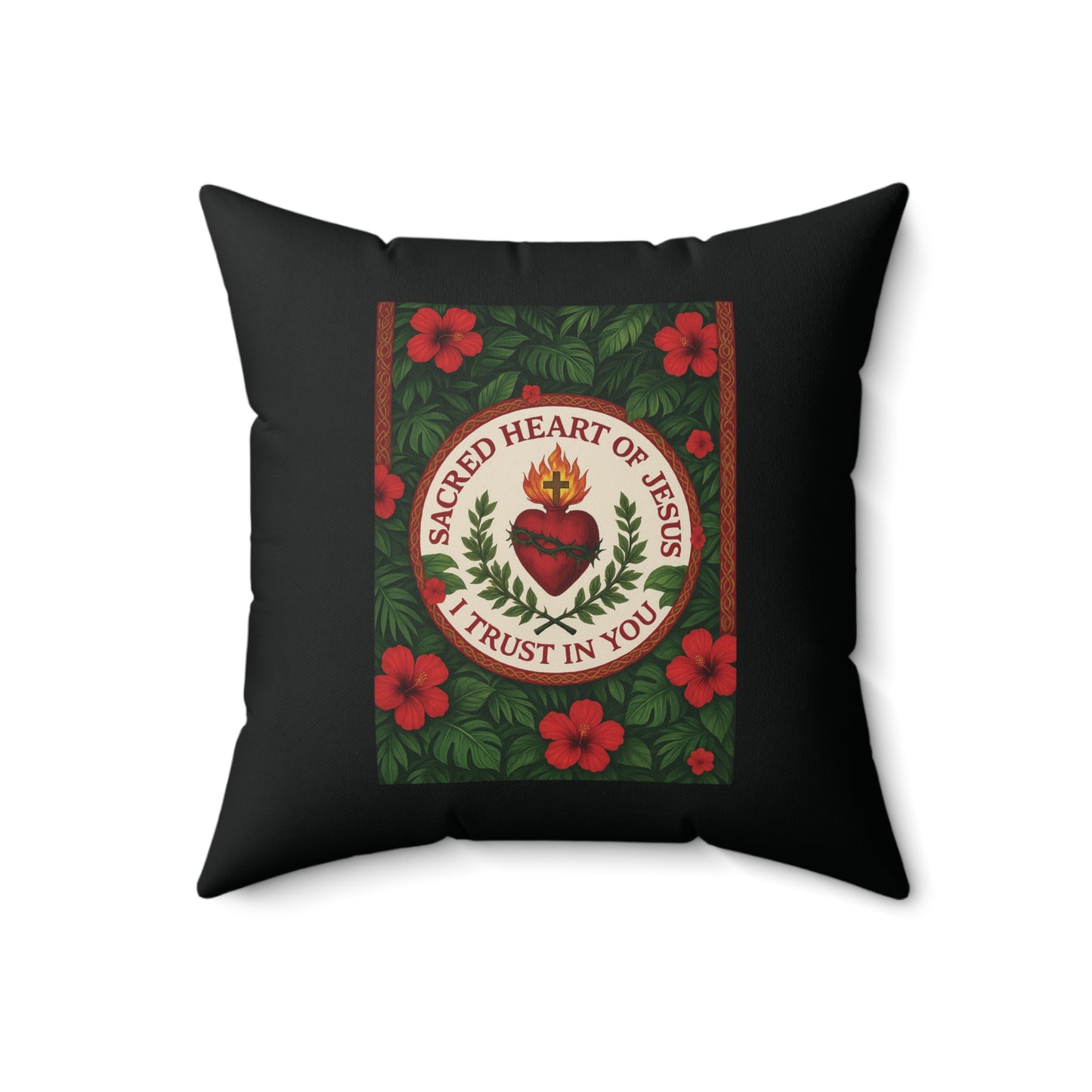 Religious Decorative Pillow - Accent Cushion, 4 Sizes / Sacred Heart of Jesus Prayer, Black