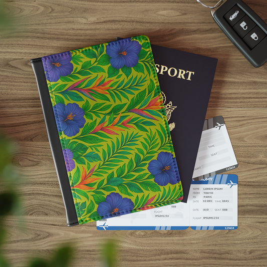 Tropical Passport Cover, Faux Leather - RFID blocking for travel security / Midnight Flowers, Green