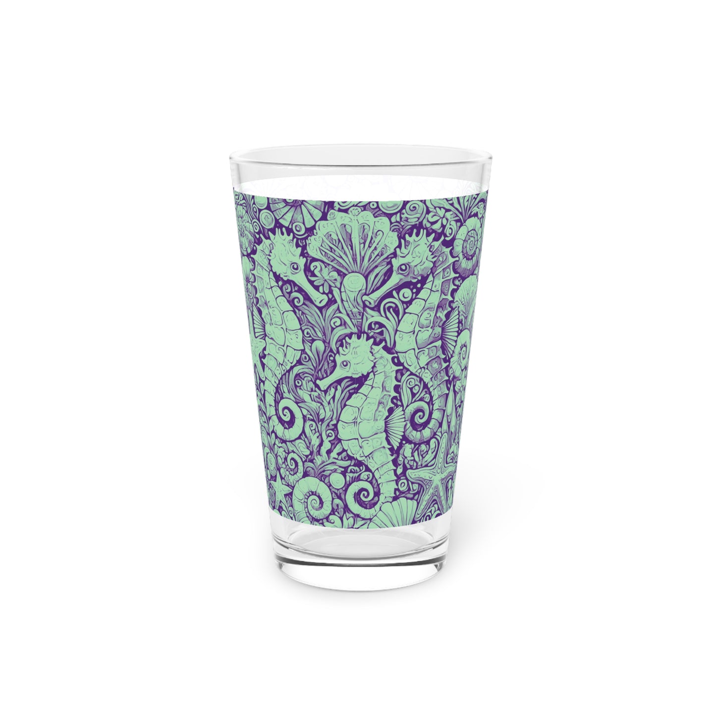 Pint Glass, 16oz - Seahorse Trio Minty