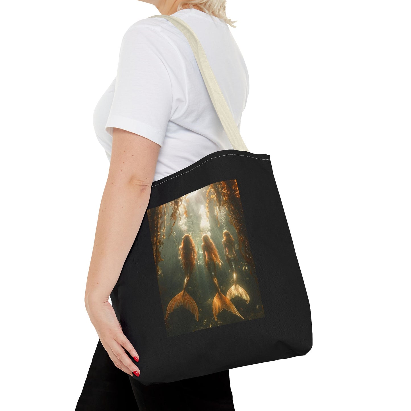 Three Mermaid Sisters, Black Tote Bag - 3 Sizes