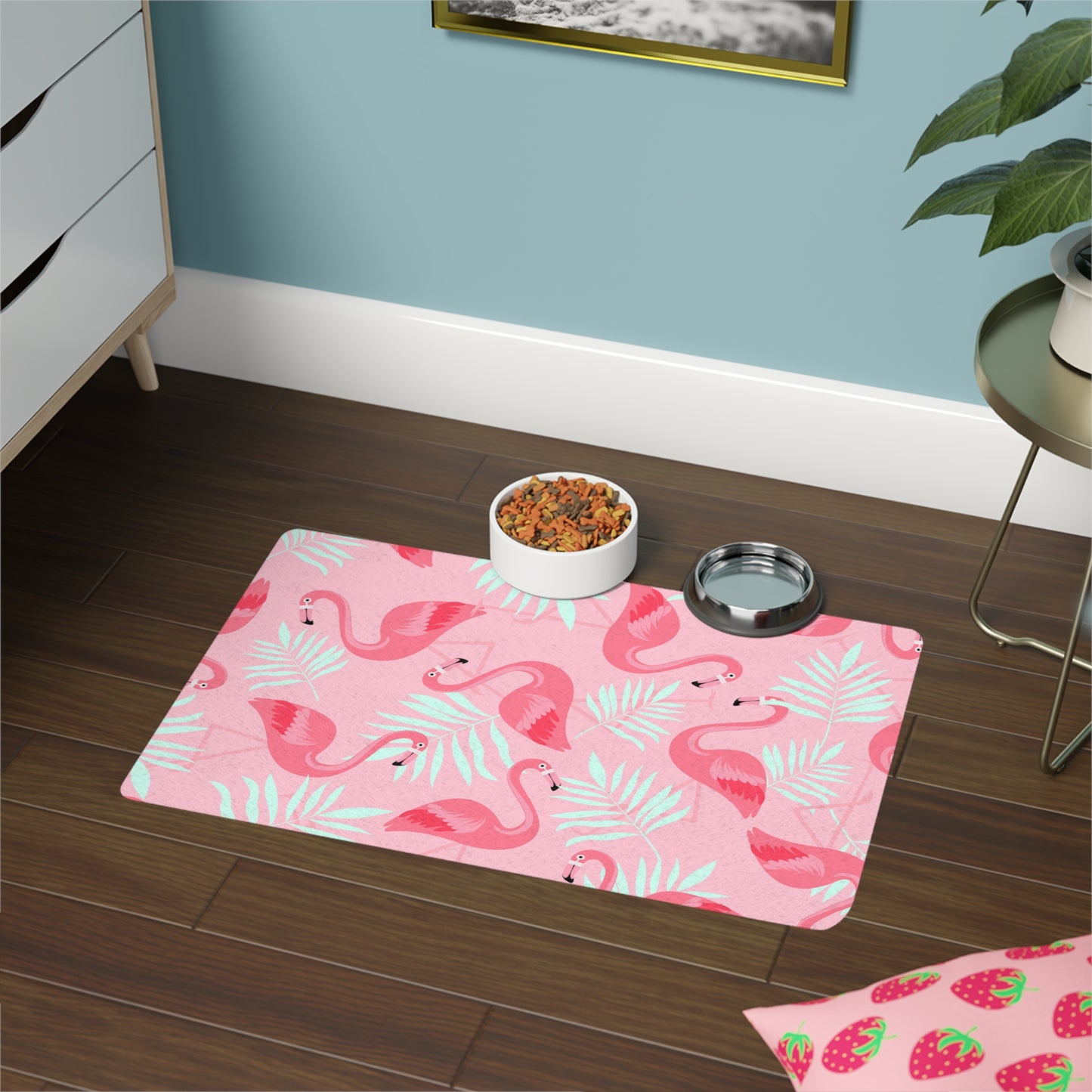 Pet Food Mat (12x18) - Flamingo and White Palms