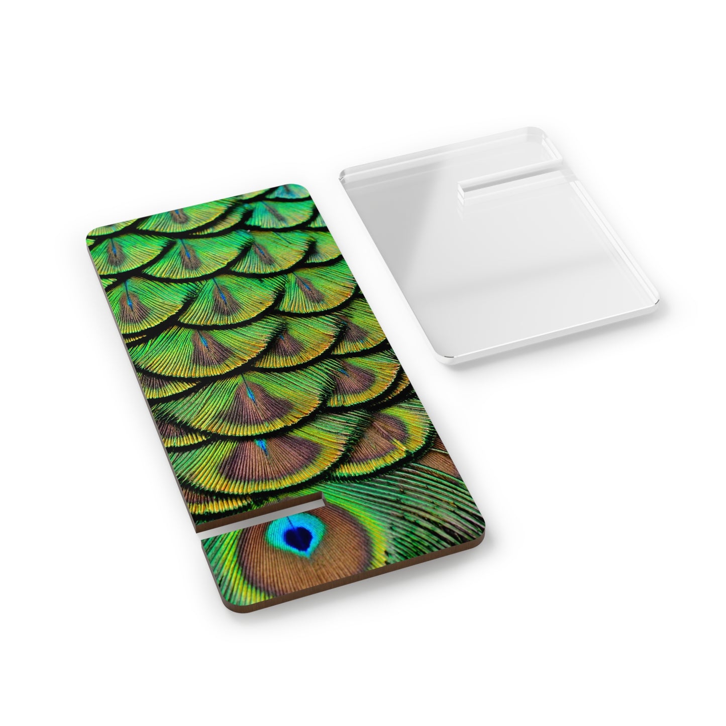 Mobile Display Stand for Smartphones, Brilliant Green Peacock Feathers