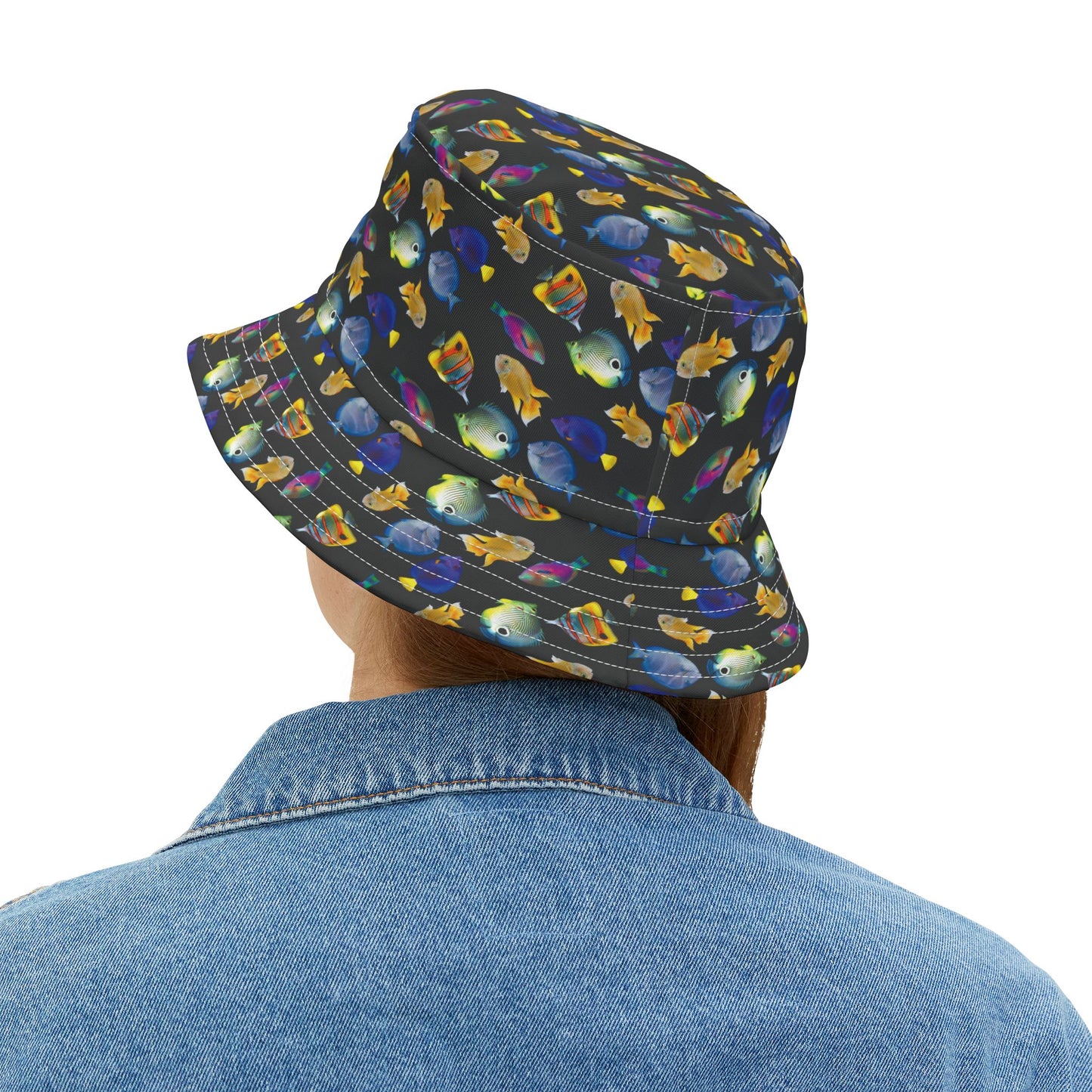 Tropical Polyester Bucket Hat, 2 Sizes - School of Fish / Black