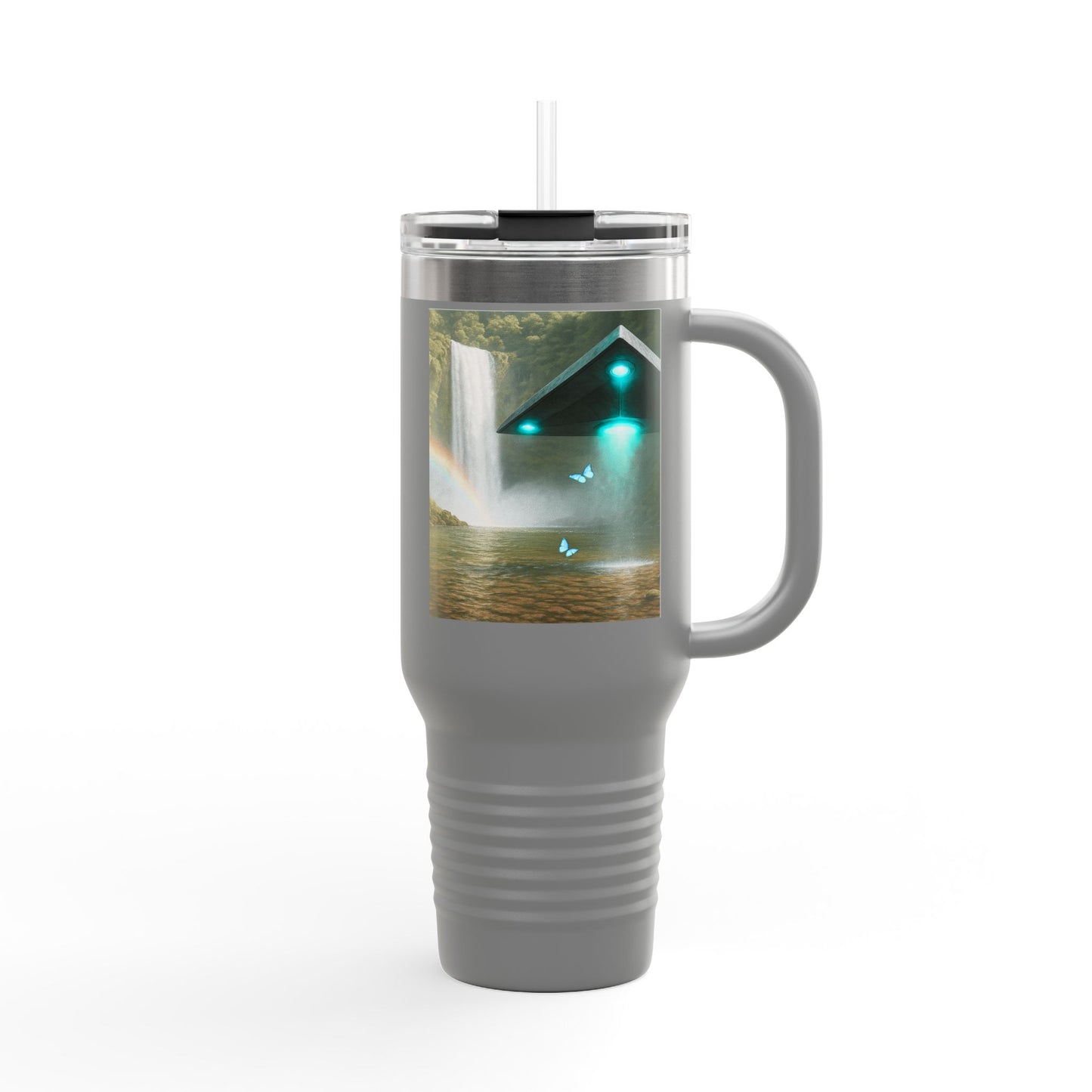 Insulated Travel Mug, 40oz / UFO and Waterfall in Rainforest