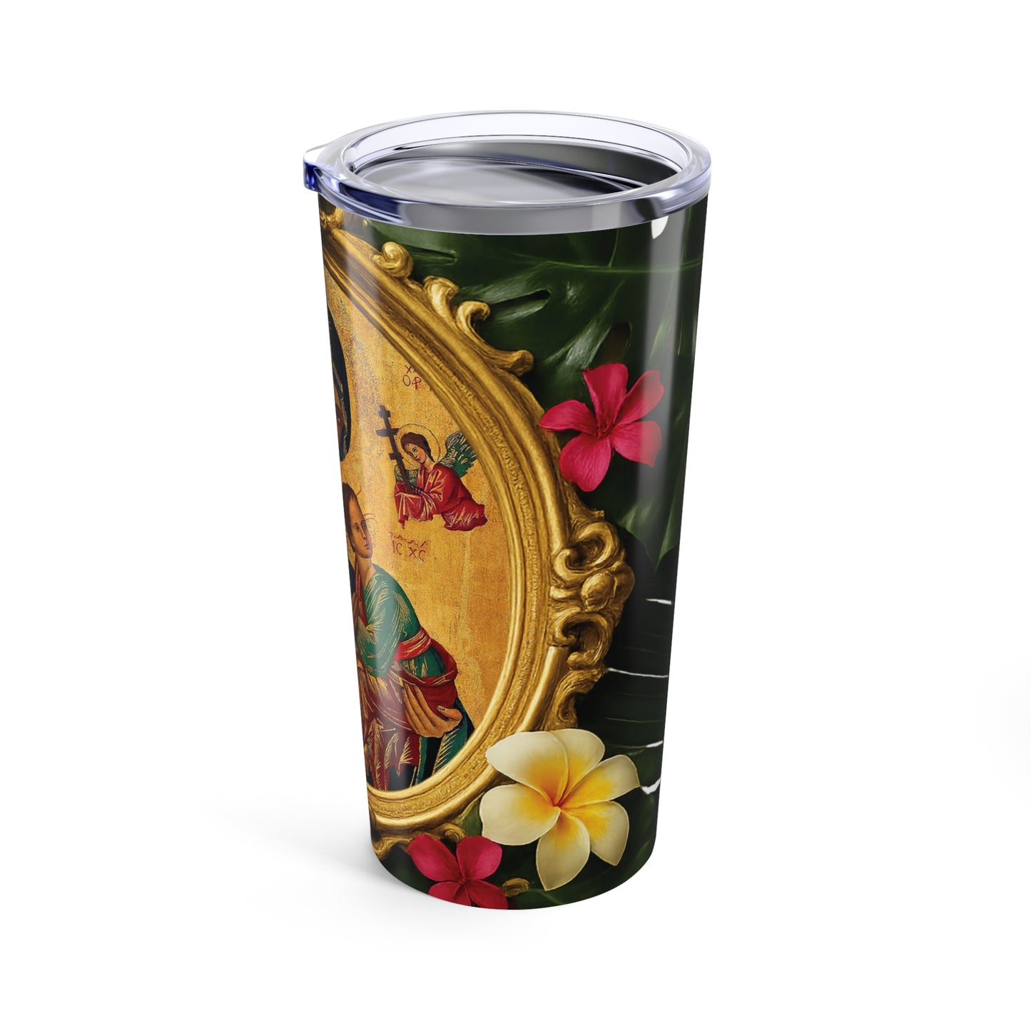 20oz Tropical Glossy Tumbler, Stainless Steel / Framed Our Lady of Guadalupe, Monstera