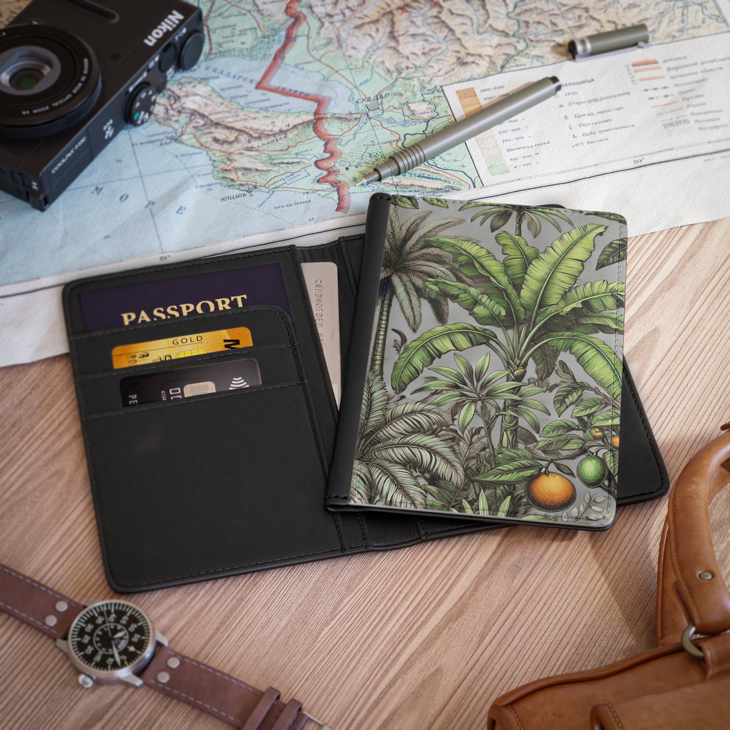 Tropical Passport Cover, Faux Leather - RFID blocking for travel security / More Tropical Fruit, Grey