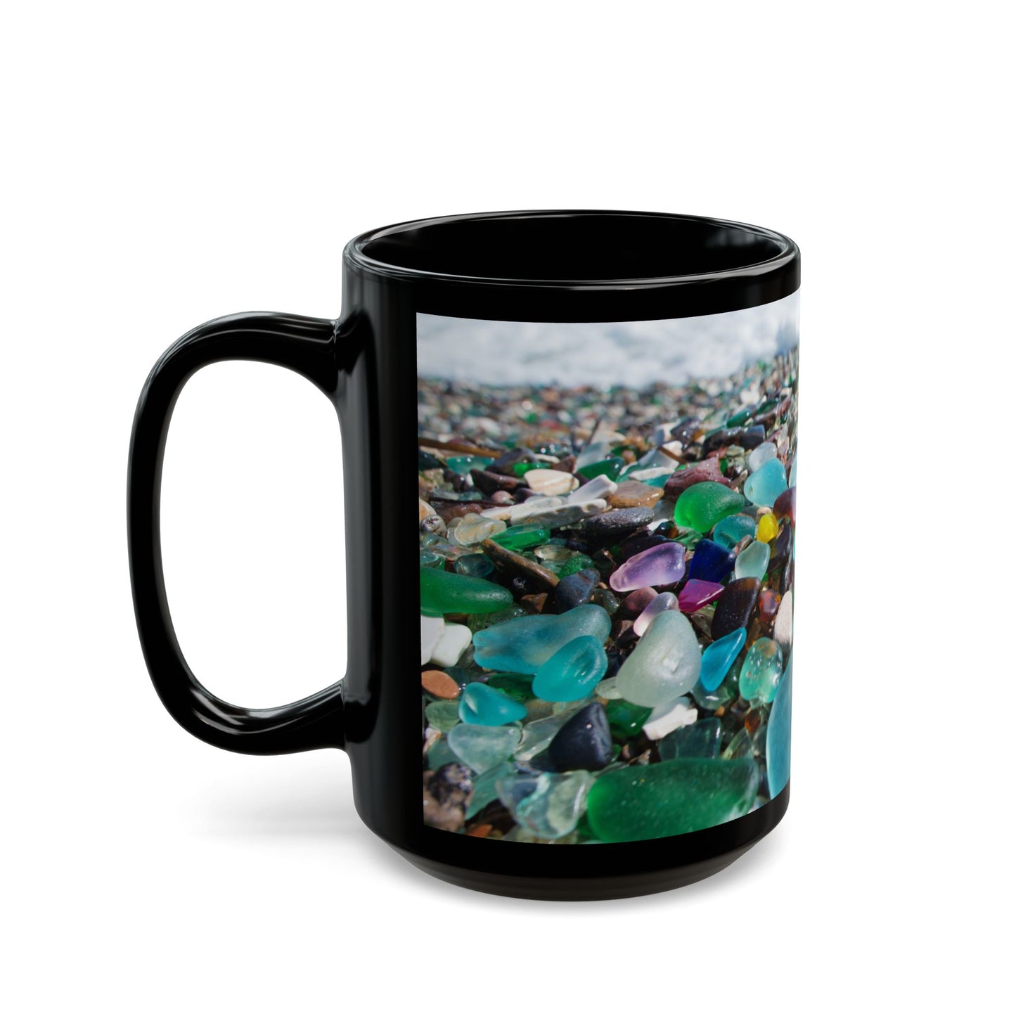 Beach Glass Along Shoreline Black Coffee Mug