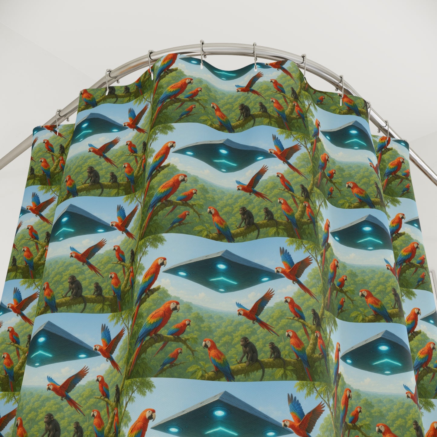 Tropical Shower Curtain - Rainforest Bathroom Decor / UFO and Macaws