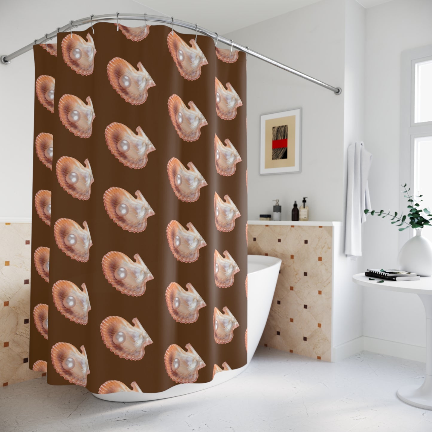 Tropical Shower Curtain - Ocean Bathroom Decor / Lavender Freshwater Pearl/Brown