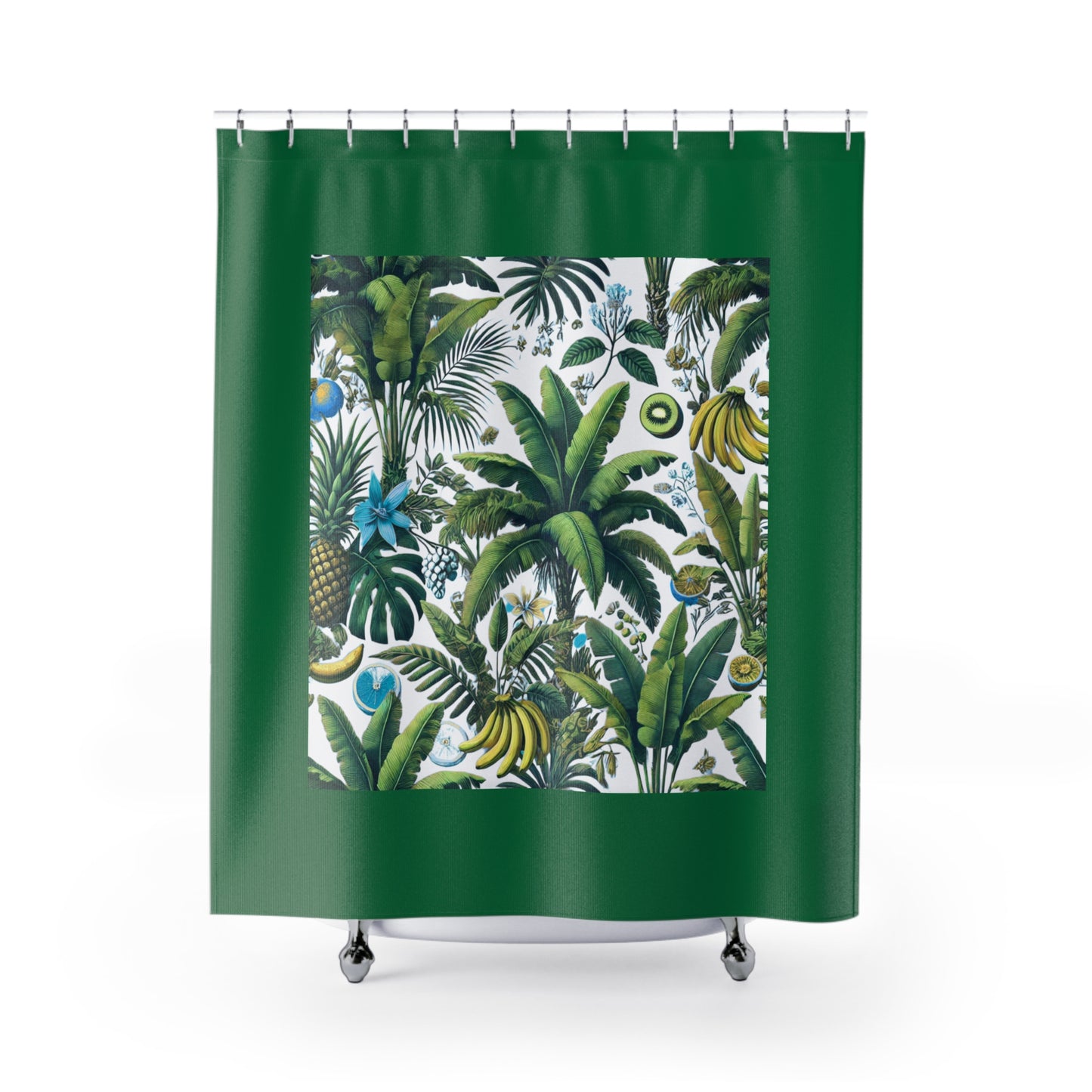 Palm Tree Shower Curtain - Ocean Bathroom Decor / Tropical Fruit/White, Dark Green