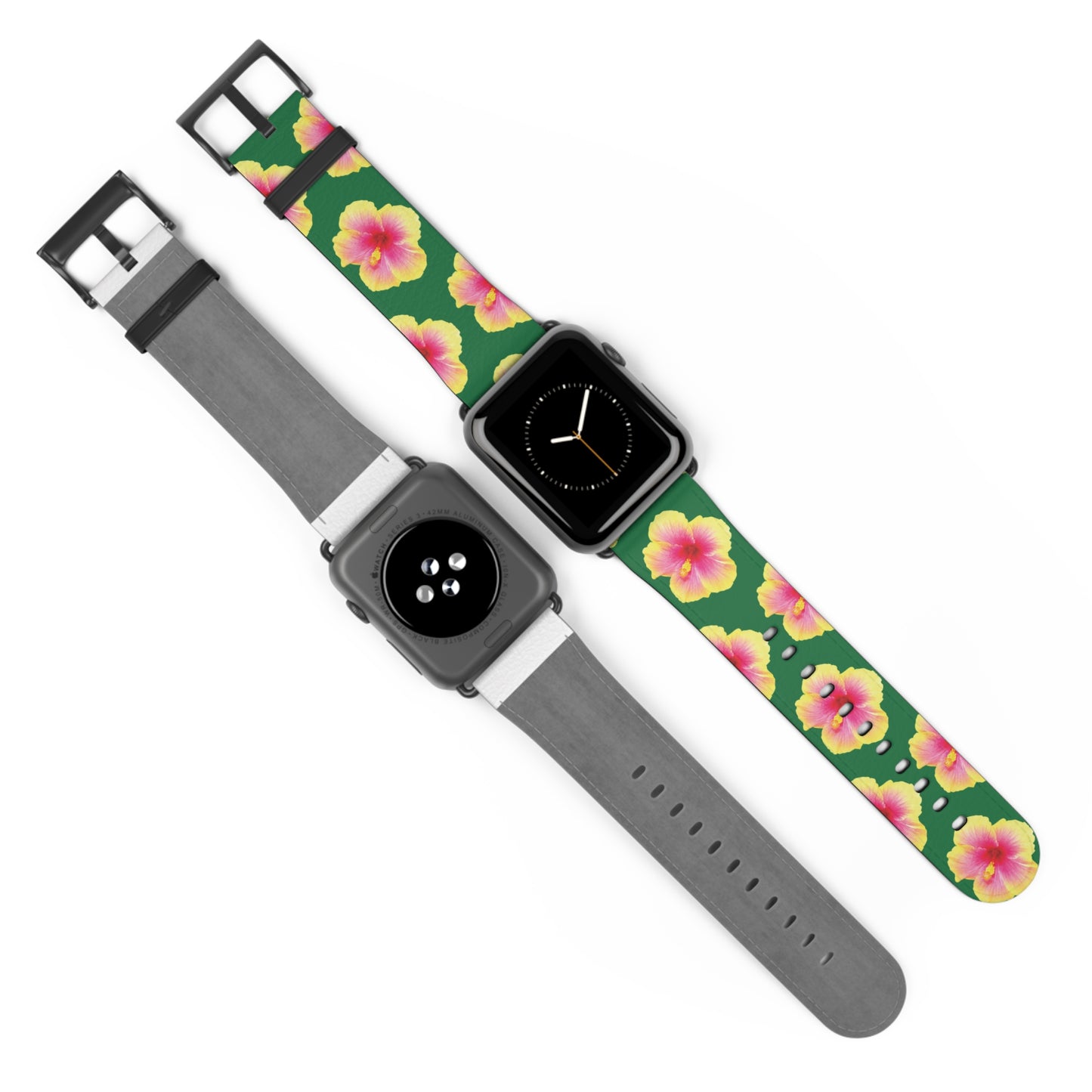 Apple Watch Band - REAL Yellow/Orange Hibiscus Flower, Dark Green